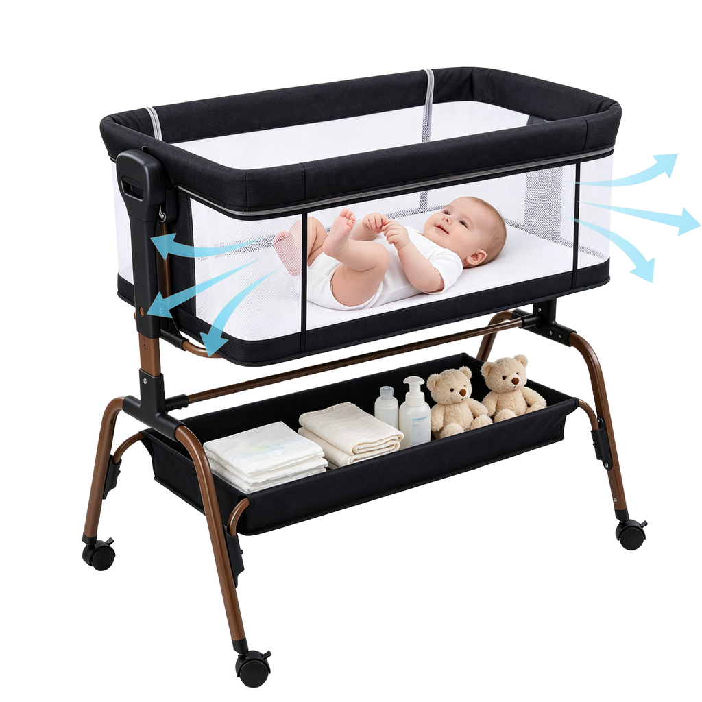 PRVATEU 4-in-1 Baby Bassinet Bedside Sleeper with Rocking Mode,8 Adjustable Heights,Wheels and Storage Basket,Beige