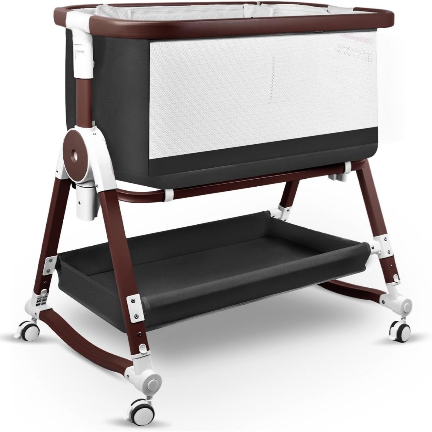 PRVAETU 4 in 1 Baby Bassinet Bedside Sleeper W/ Wheels,Storage Basket,Adjustable 7 Heights,Mosquito Net,Breathable Mesh Cradle for Infants Toddler