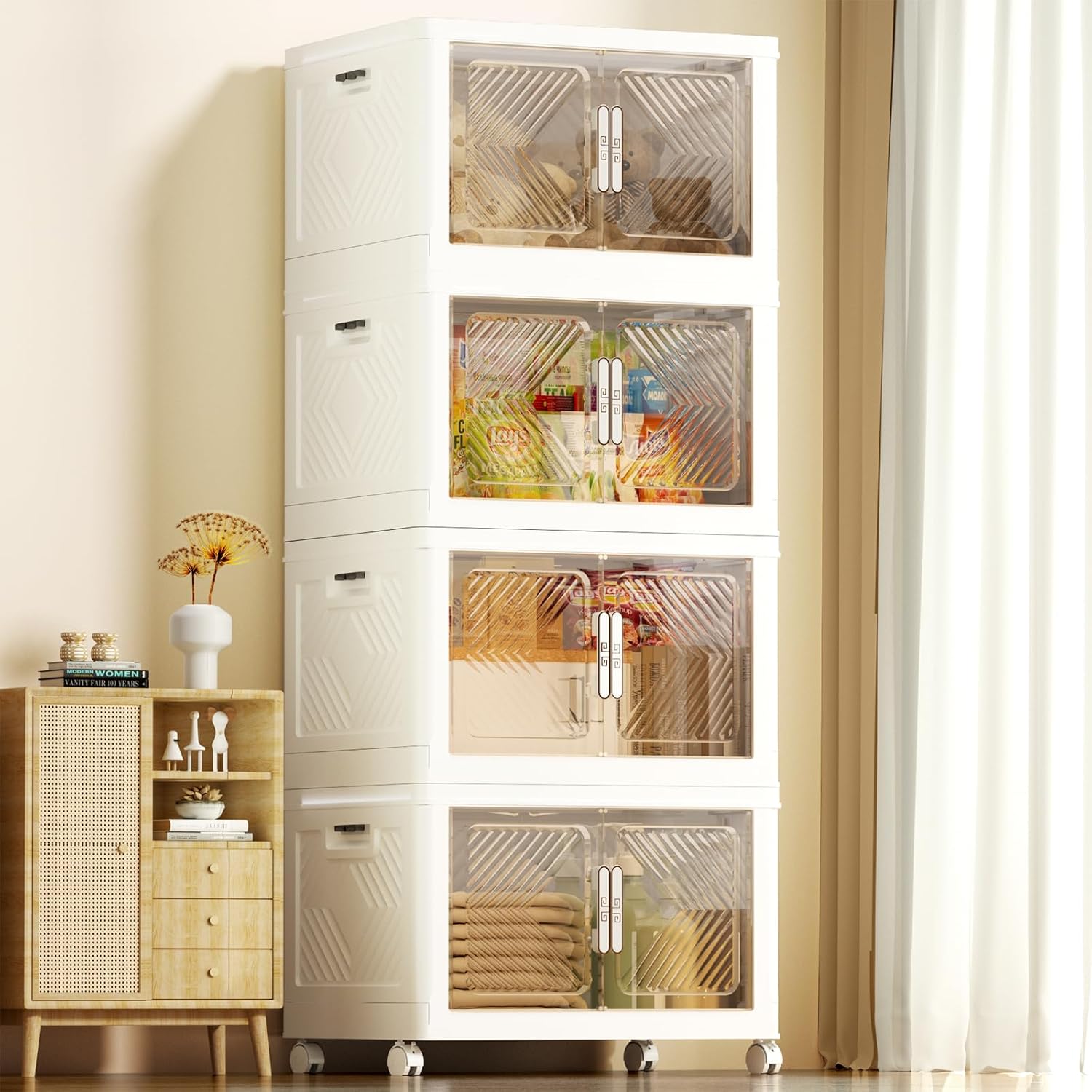PRVAETU Storage Bins Storage Containers with Wheels and Magnetic Doors, Plastic Clothes Closet Organizers and Storage Box for Home and Office