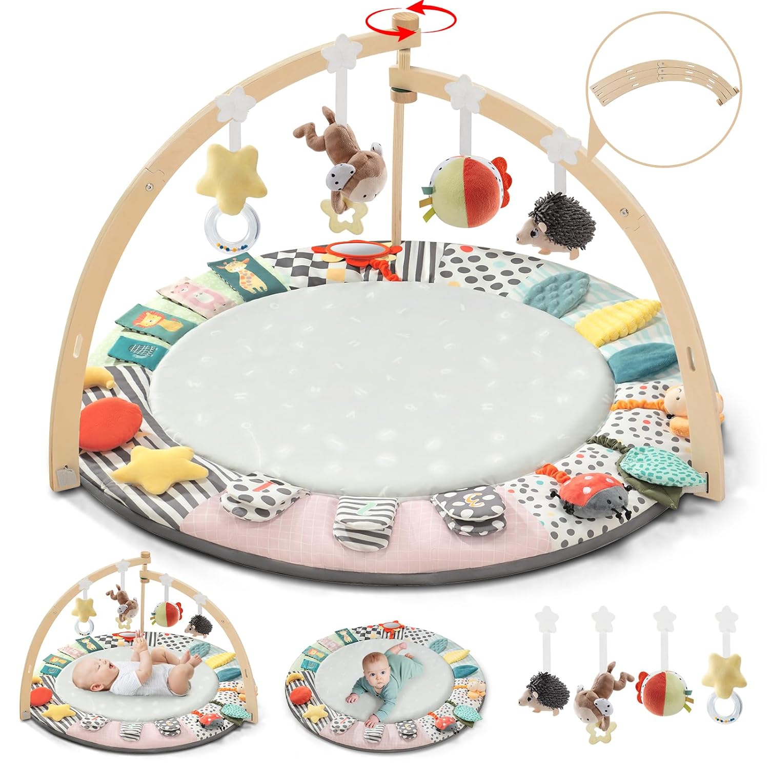 PRVAETU Wooden Baby Gym Play Mat, Foldable Tummy Time Playmat W/ 7 Detachable Toys for Infant Newborn Toddler Motor Skills Sensory Development