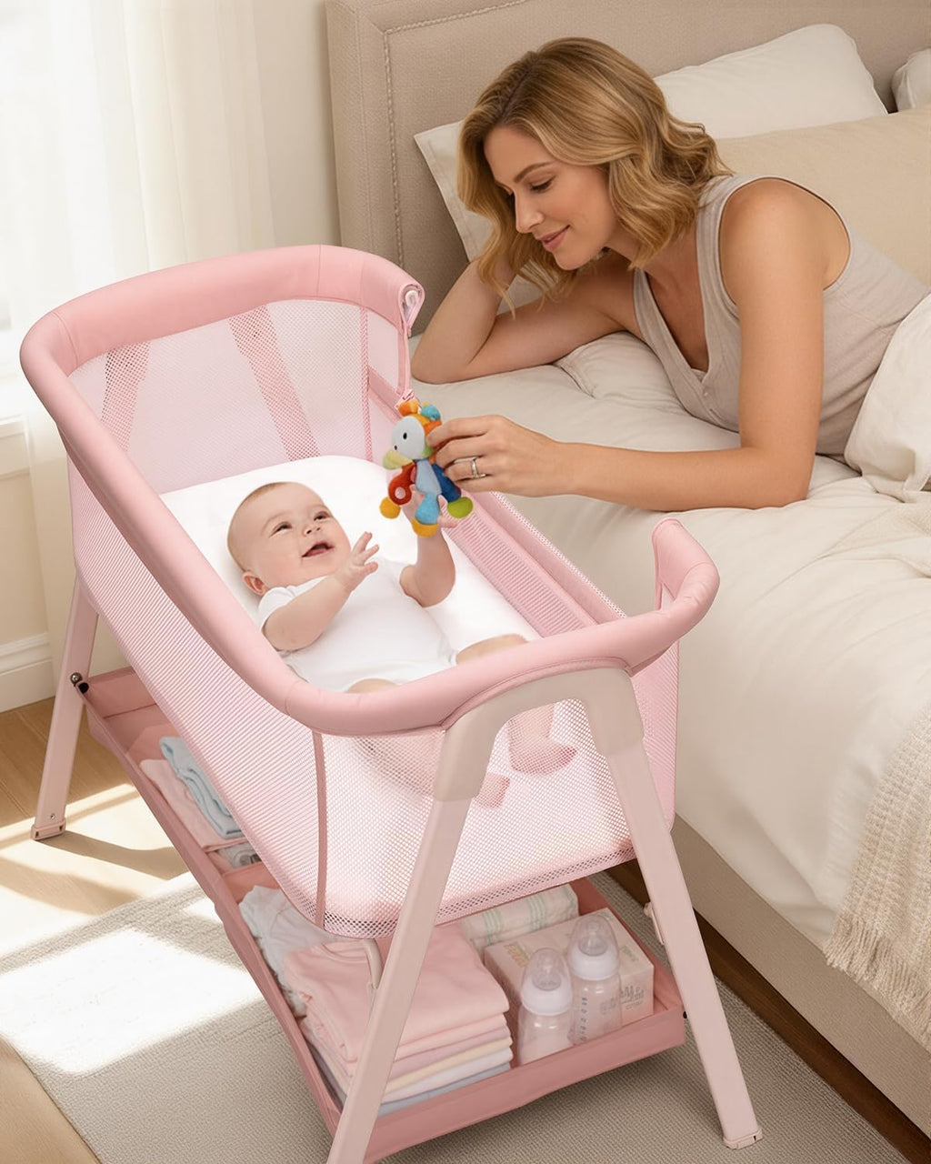 PRVAETU Baby Bassinet, Bedside Bassinet for Baby, Bassinet Bedside Sleeper with Mattress, Storage Basket and 4 Auto-Lock Wheels, Full-Mesh Sides, Bedside Crib for Newborn