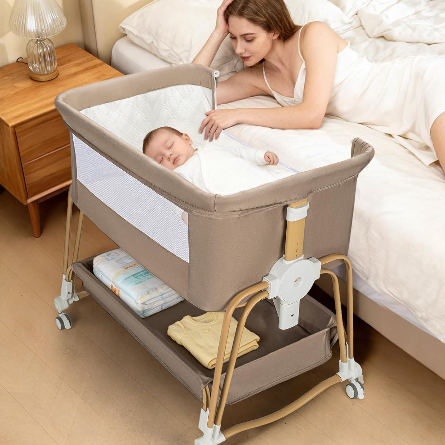PRVAETU 4-in-1 Baby Bassinet & Bedside Sleeper for Babies, 7-Level Height Adjustable, Wheels with Storage Basket, Breathable Mesh,White