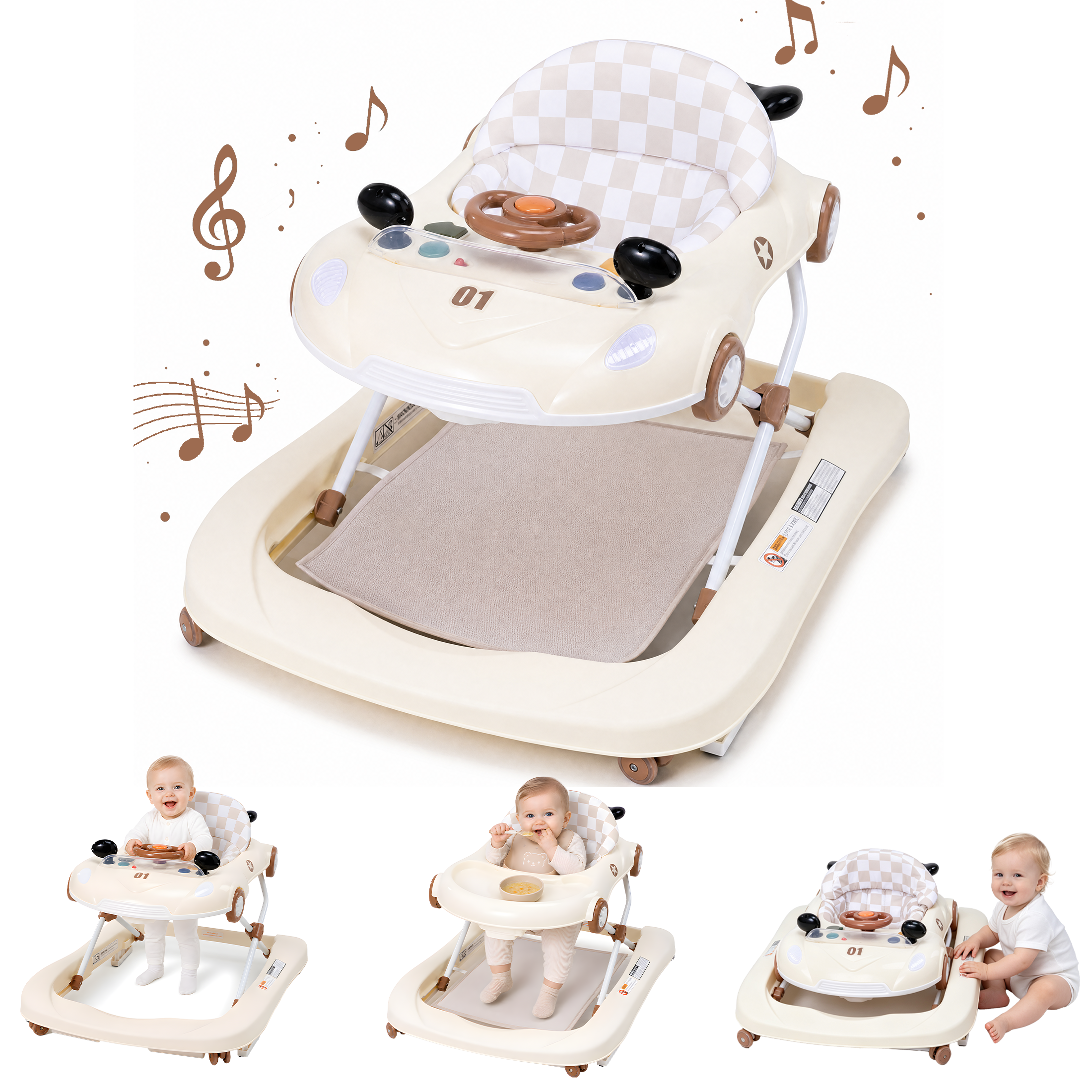 PRVAETU 5 in 1 Baby Walker Car-Shaped with Music,Lights,Foldable,Jumper,Rocking,Removable Plate for Infant Boys 6-18 Months
