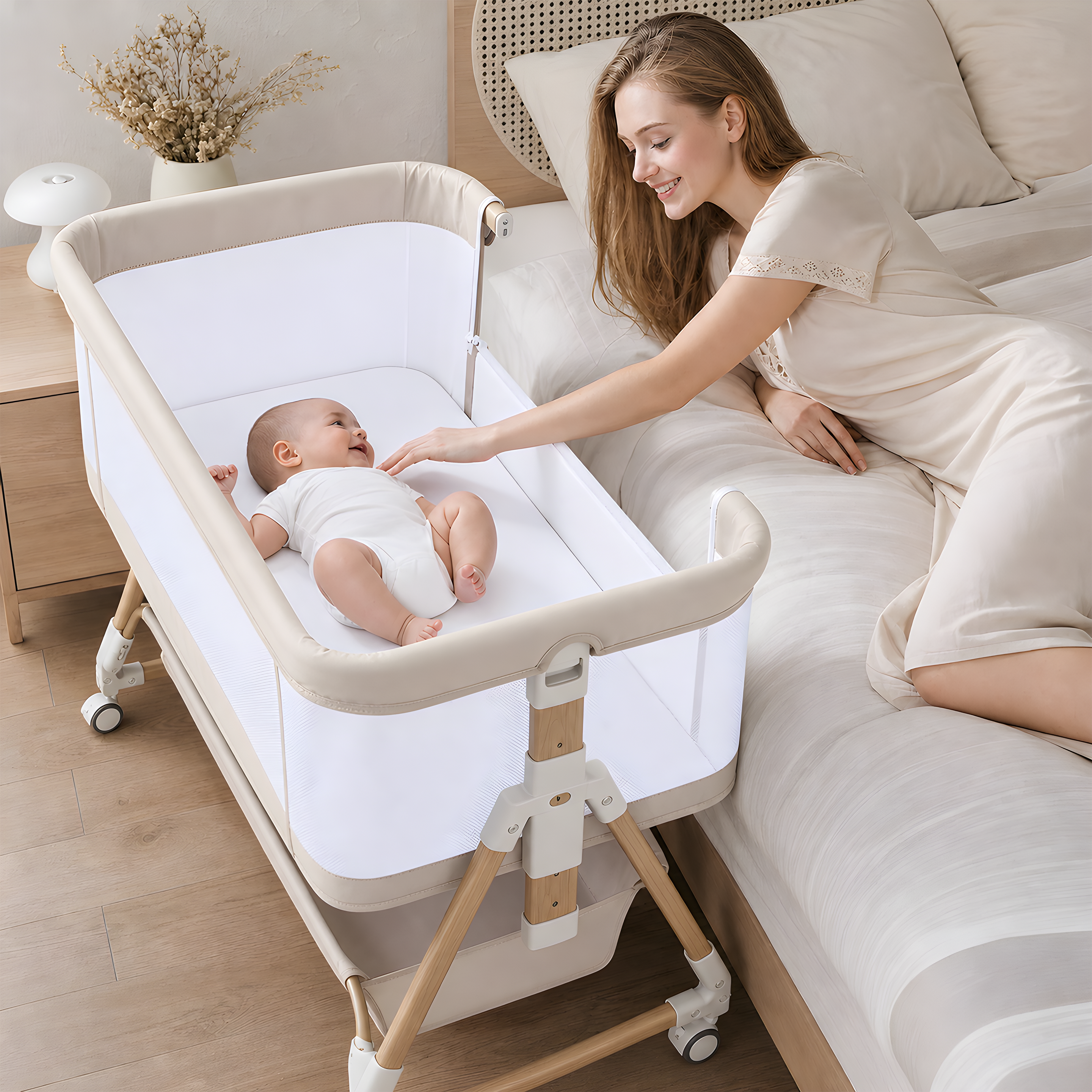 PRVAETU Baby Bassinet, 3-in-1 Baby Bassinet Bedside Sleeper with Wheels, Adjustable Easy Folding Portable Rocking Crib for Infant Newborn (Khaki)