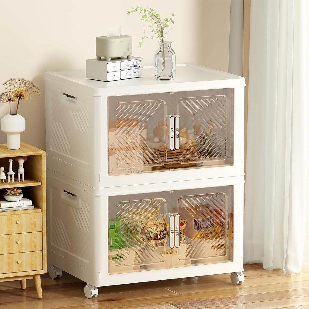PRVAETU Storage Bins Storage Containers with Wheels and Magnetic Doors, Plastic Clothes Closet Organizers and Storage Box for Home and Office