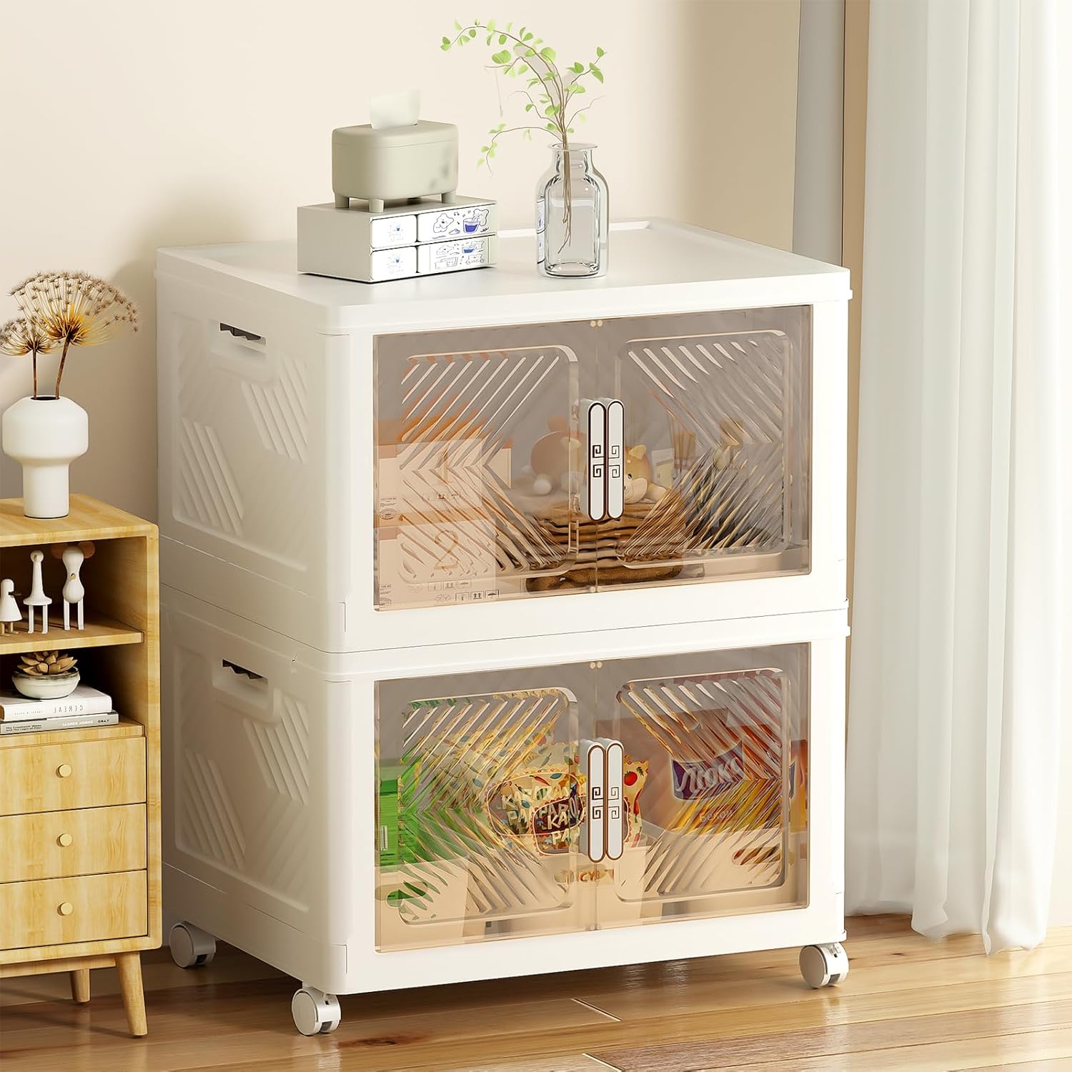 PRVAETU Storage Bins Storage Containers with Wheels and Magnetic Doors, Plastic Clothes Closet Organizers and Storage Box for Home and Office