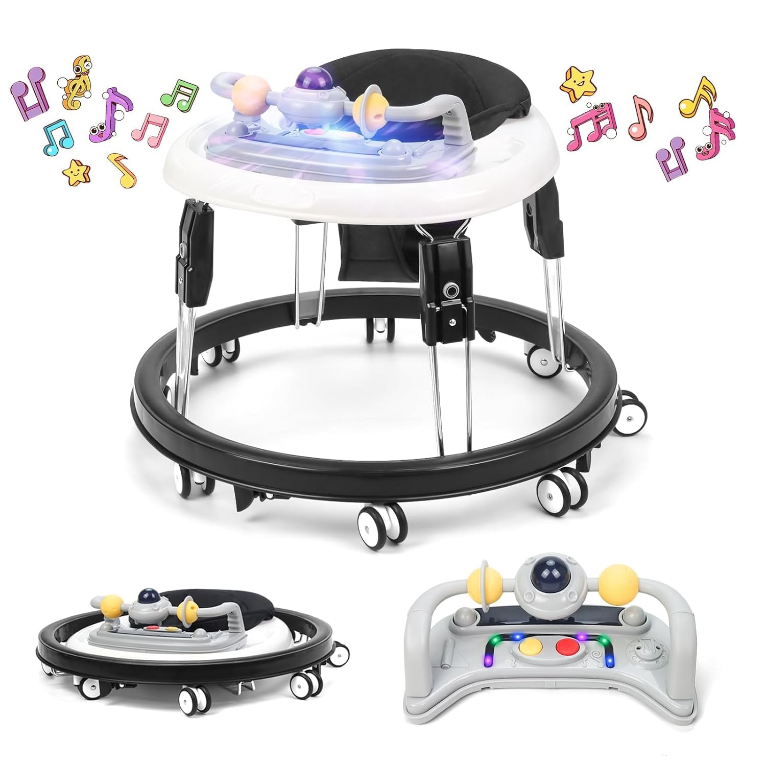 PRVAETU Foldable Baby Walker Activity Center W/ Wheels,Height Adjustable,Music Toy & Foot Pad for 6-18 Months Babies Infant Boys Girls