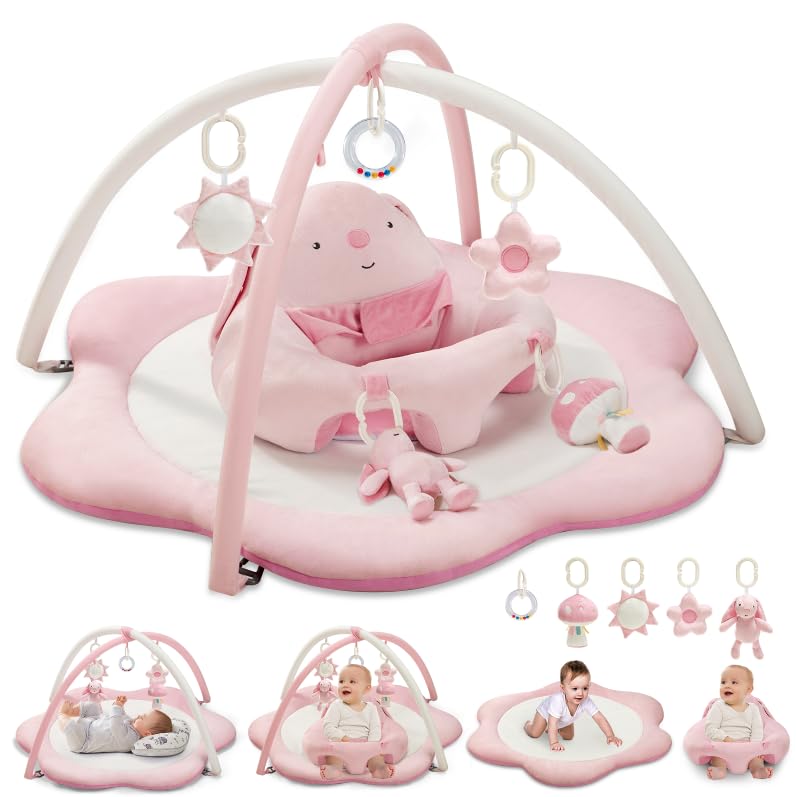 PRVAETU Baby Gym Play Mat, Sitting-up Babies Seats for Infants,with 5 Detachable Toys, Infant Toddler Activity Tummy Time Playmats for Newborn 0-12 Months