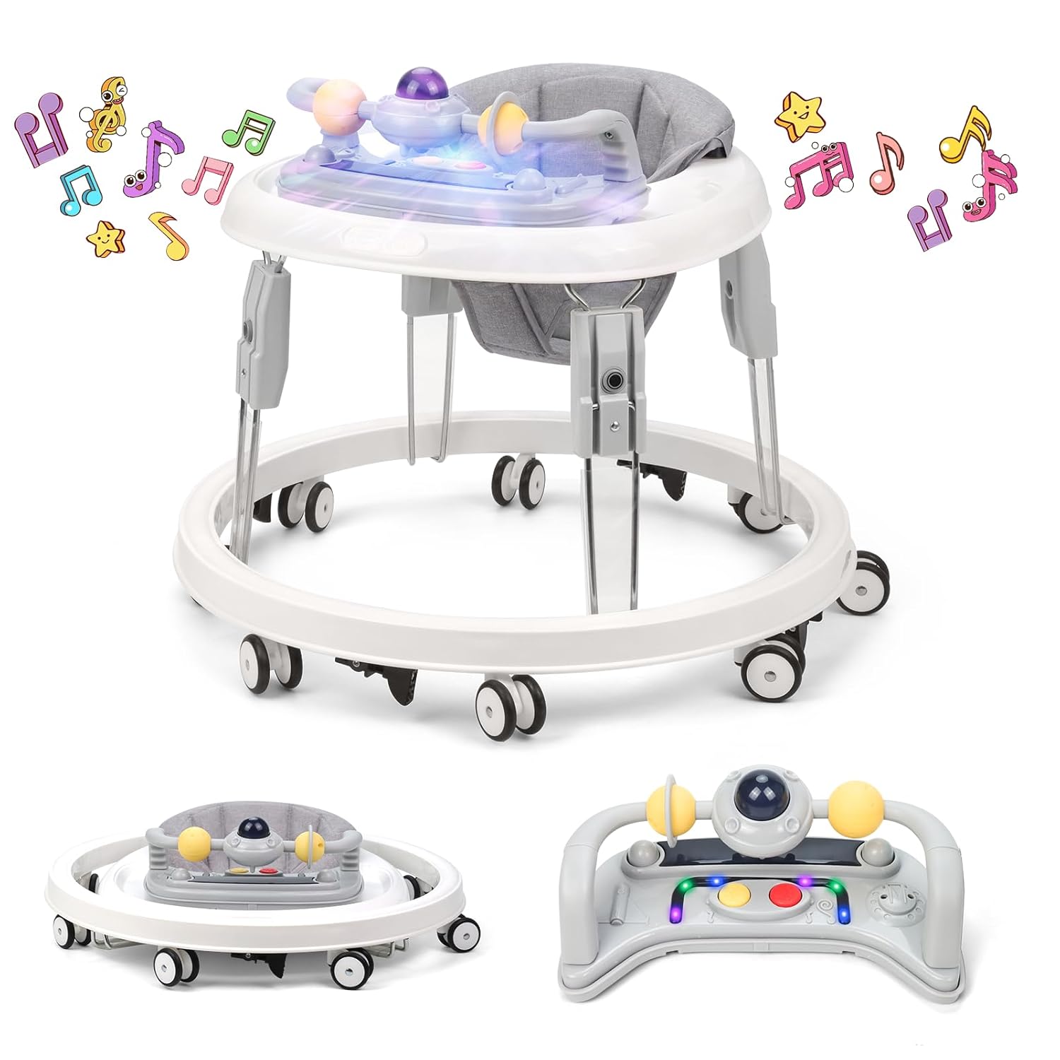 PRVAETU Foldable Baby Walker Activity Center W/ Wheels,Height Adjustable,Music Toy & Foot Pad for 6-18 Months Babies Infant Boys Girls