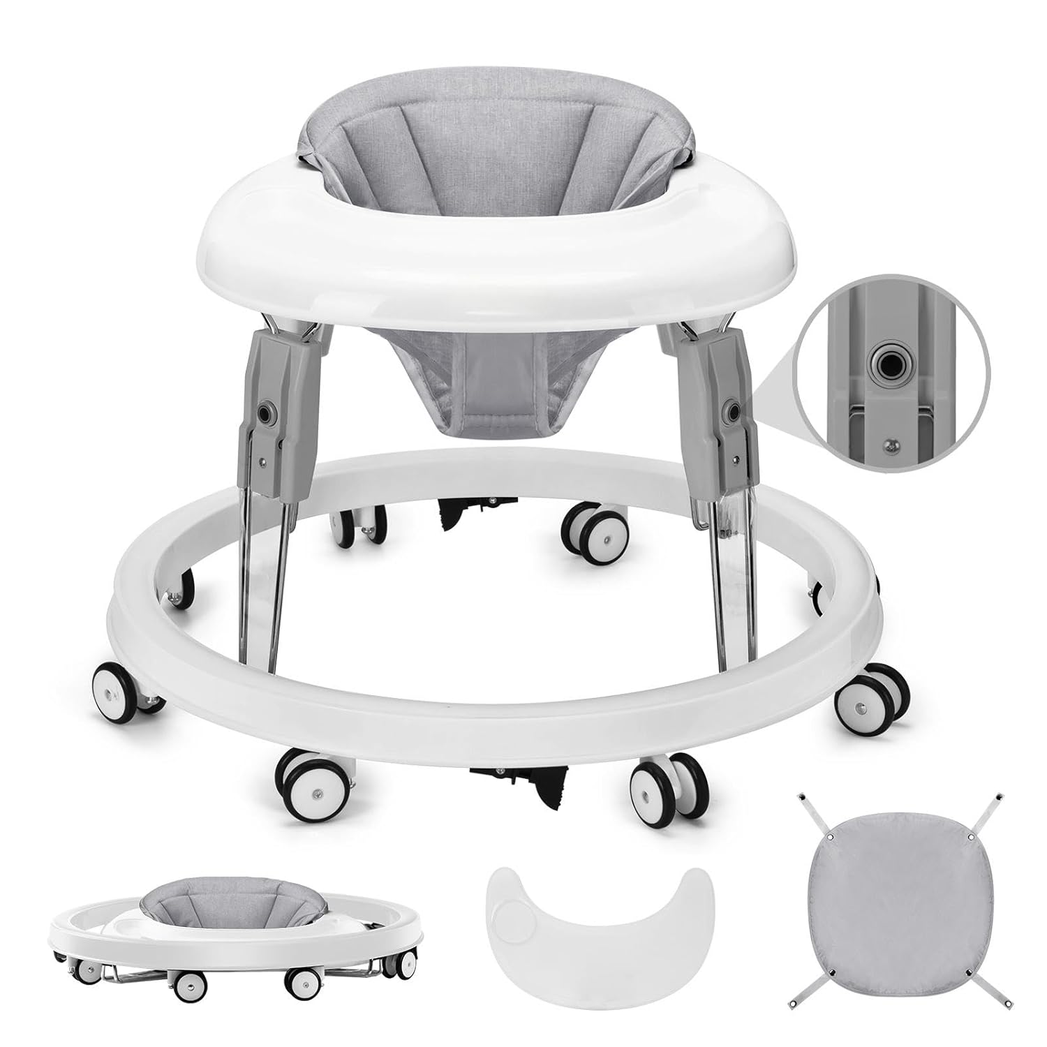PRVAETU Foldable Baby Walker Activity Center W/ Wheels,Height Adjustable W/ Dinner Plate & Foot Pad for 6-18 Months Babies Infant Boys Girls