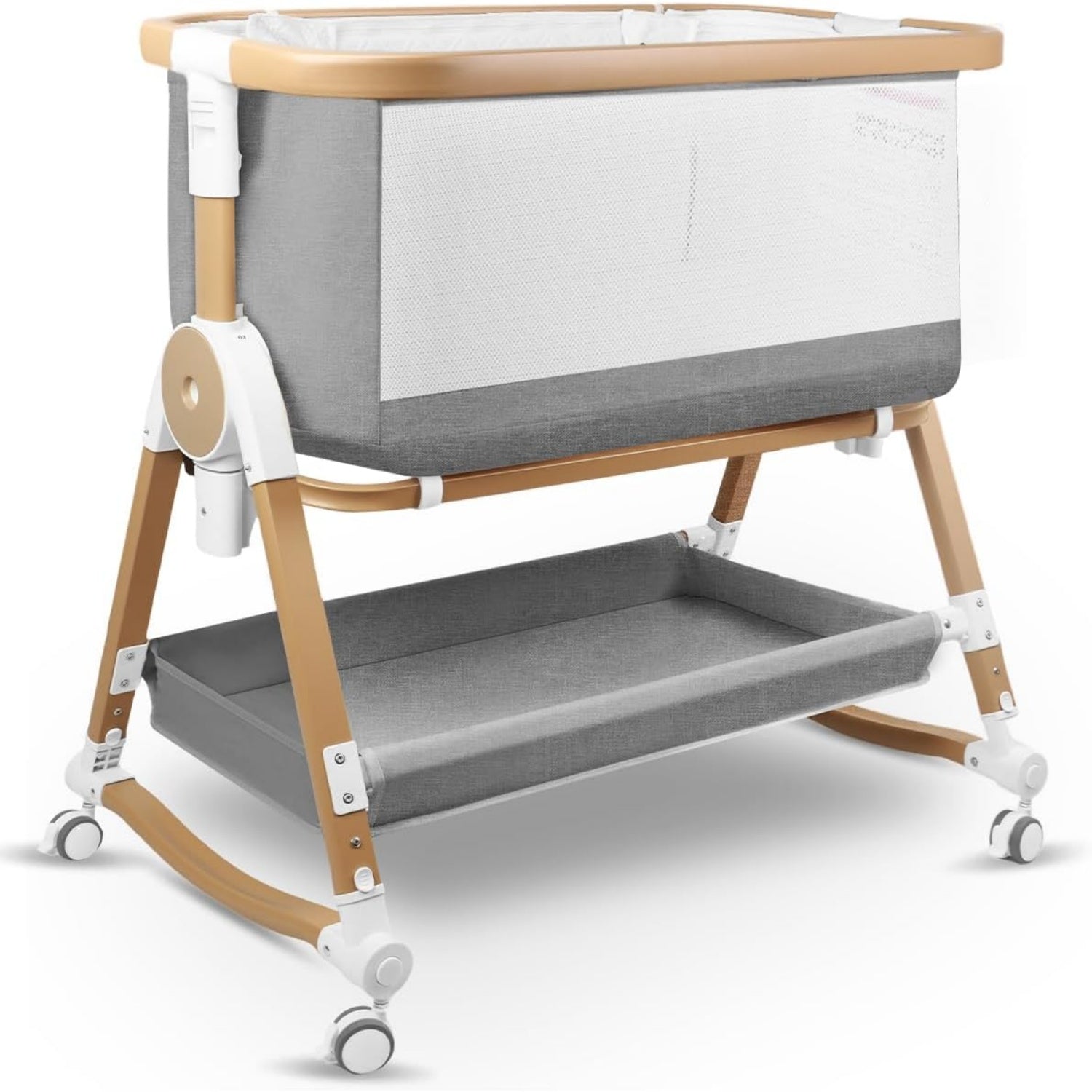 PRVAETU 4 in 1 Baby Bassinet Bedside Sleeper W/ Wheels,Storage Basket,Adjustable 7 Heights,Mosquito Net,Breathable Mesh Cradle for Infants Toddler