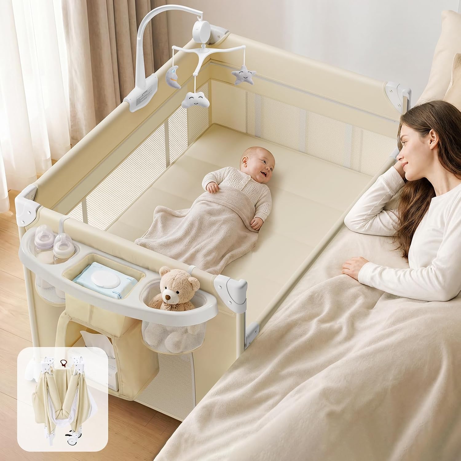 PRVAETU 4 in 1 Baby Bassinet for Baby, Bedside Bassinet & Crib Sleeper with Wheels, Diaper Changer, Mattress, Foldable Design for Newborn to Toddler