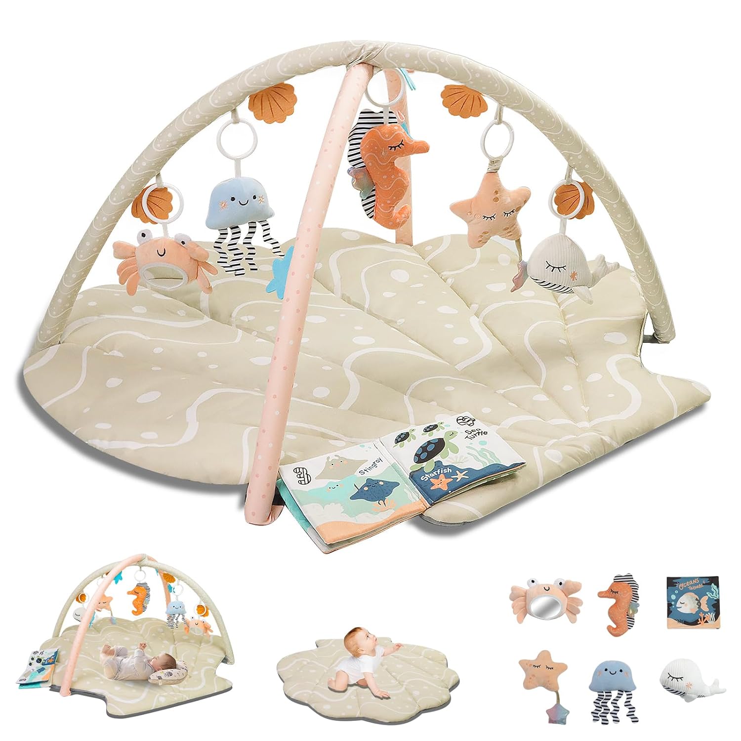 PRVAETU Baby Play Gym Mat, Oversize Tummy Time Activity Mat with 6 Detachable Toys for Infant 0-12 Months Sensory Exploration Skill Development