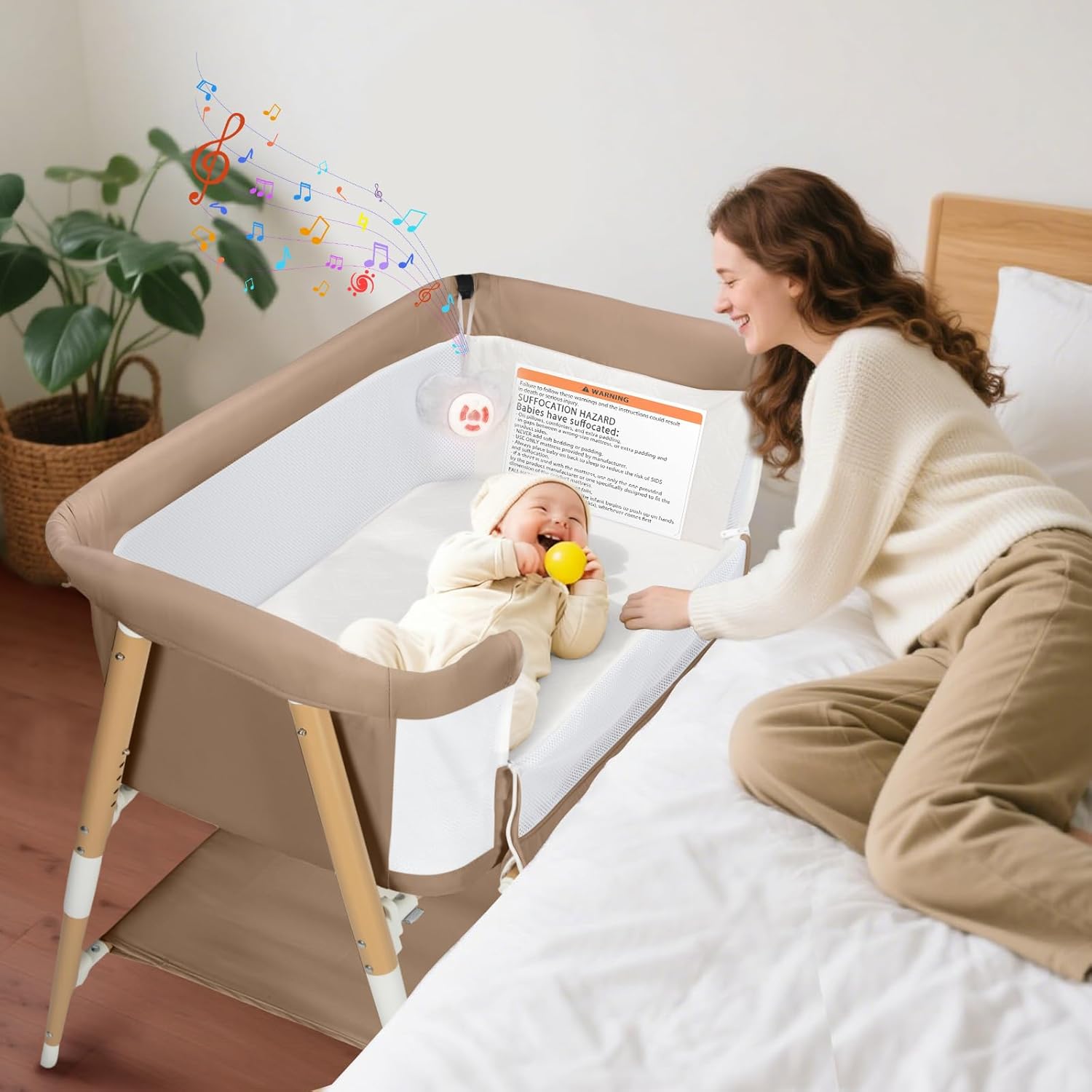 PRVAETU 3 in 1 Bassinet Bedside Sleeper for Baby,Infant Bassinet W/ Music Toy,4 Wheels,Adjustable 5 Height,Mattress,Mosquito Net,Basket,Carry Bag