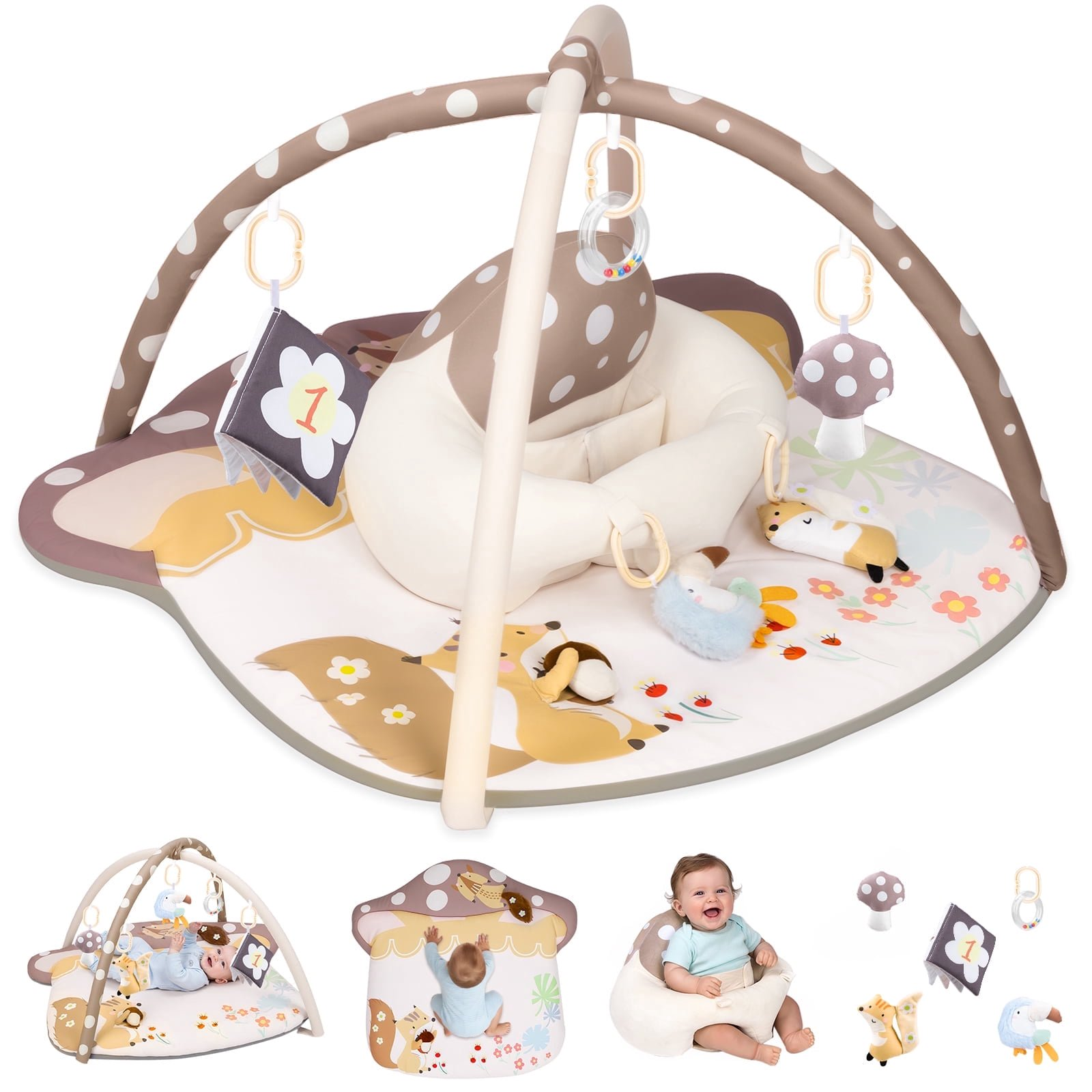 PRVAETU Baby Play Mats Tummy Time Mat for Infant Washable Padded Baby Activity Center with Detachable Toys Non-Slip Baby Gym Playmat