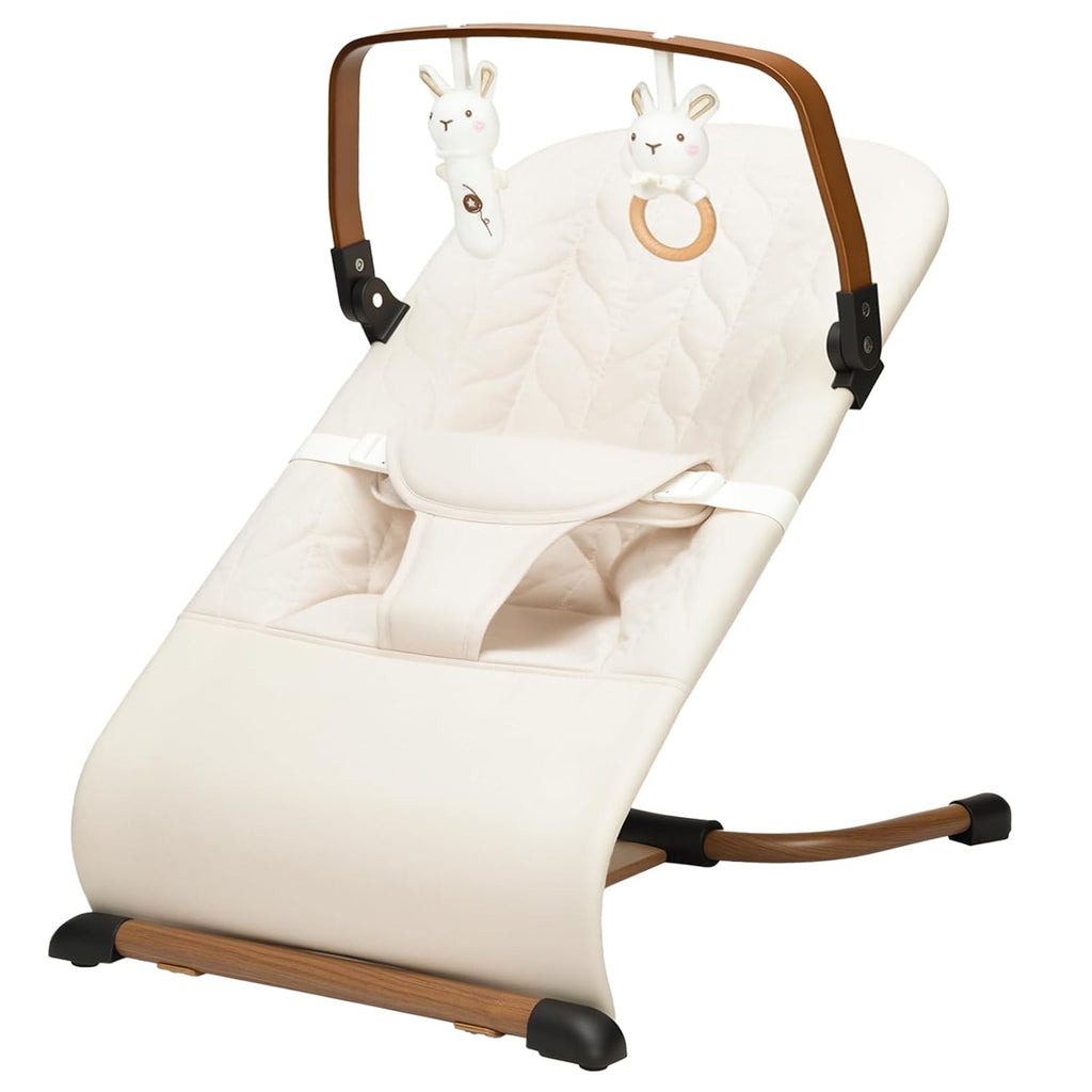 PRVAETU 3 in 1 Baby Bouncer (Sit, Play & Relax),3 Recline Positions,Foldable Baby Rocker Chair W/ Removable Wooden Bar for 0-12 Months Infant & Toddler
