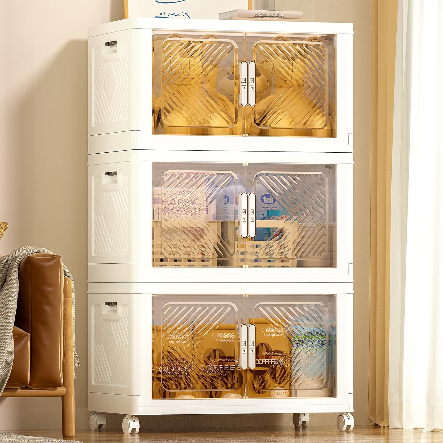 PRVAETU Storage Bins Storage Containers with Wheels and Magnetic Doors, Plastic Clothes Closet Organizers and Storage Box for Home and Office