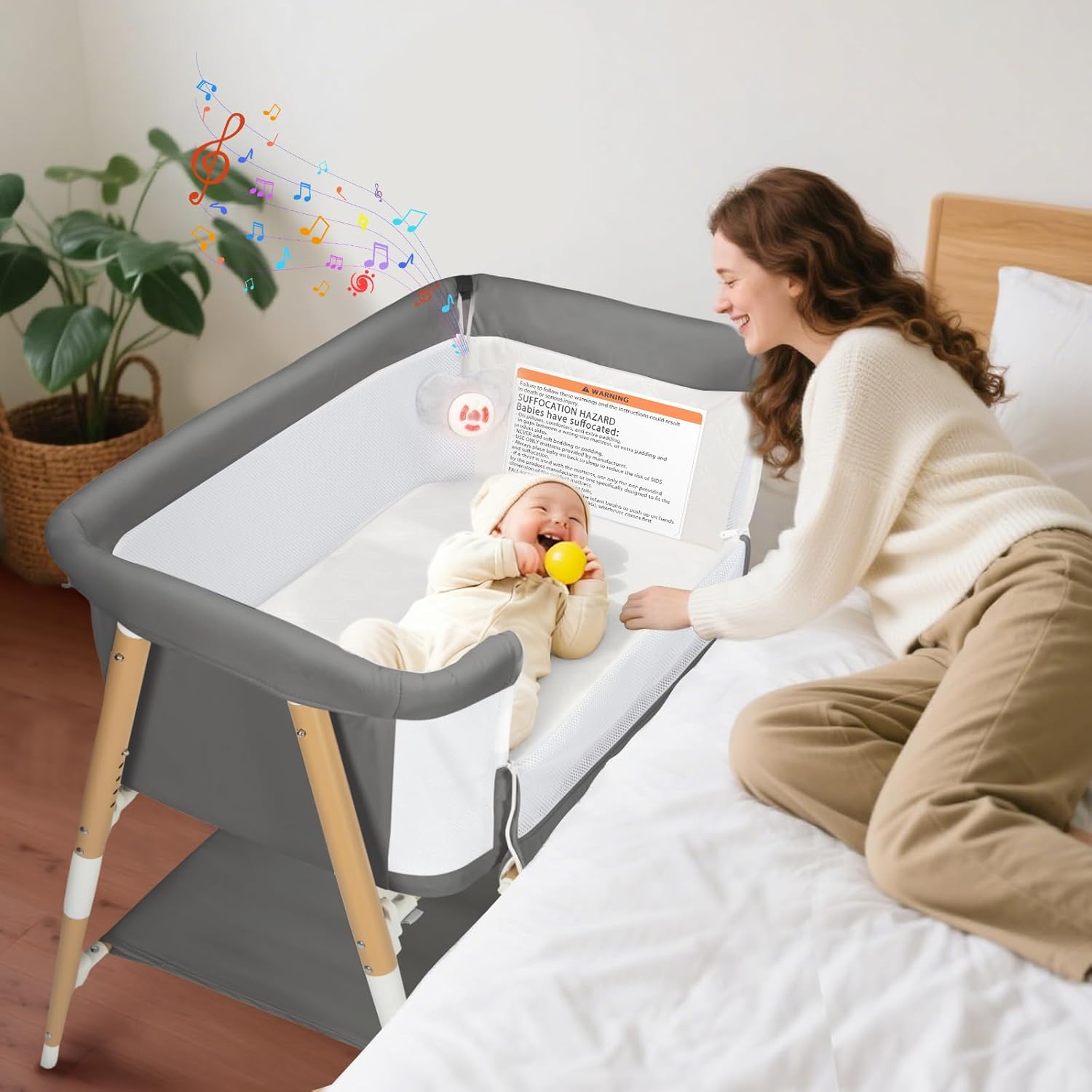 PRVAETU 3 in 1 Bassinet Bedside Sleeper for Baby,Infant Bassinet W/ Music Toy,4 Wheels,Adjustable 5 Height,Mattress,Mosquito Net,Basket,Carry Bag