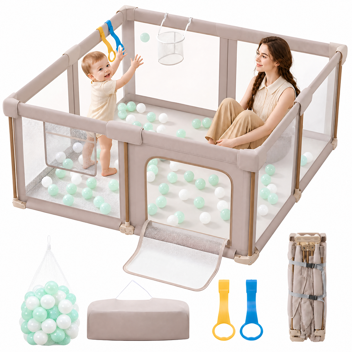 PRVAETU 51*59 Foldable Baby Playpen & Playard with Mat for Boys Girls