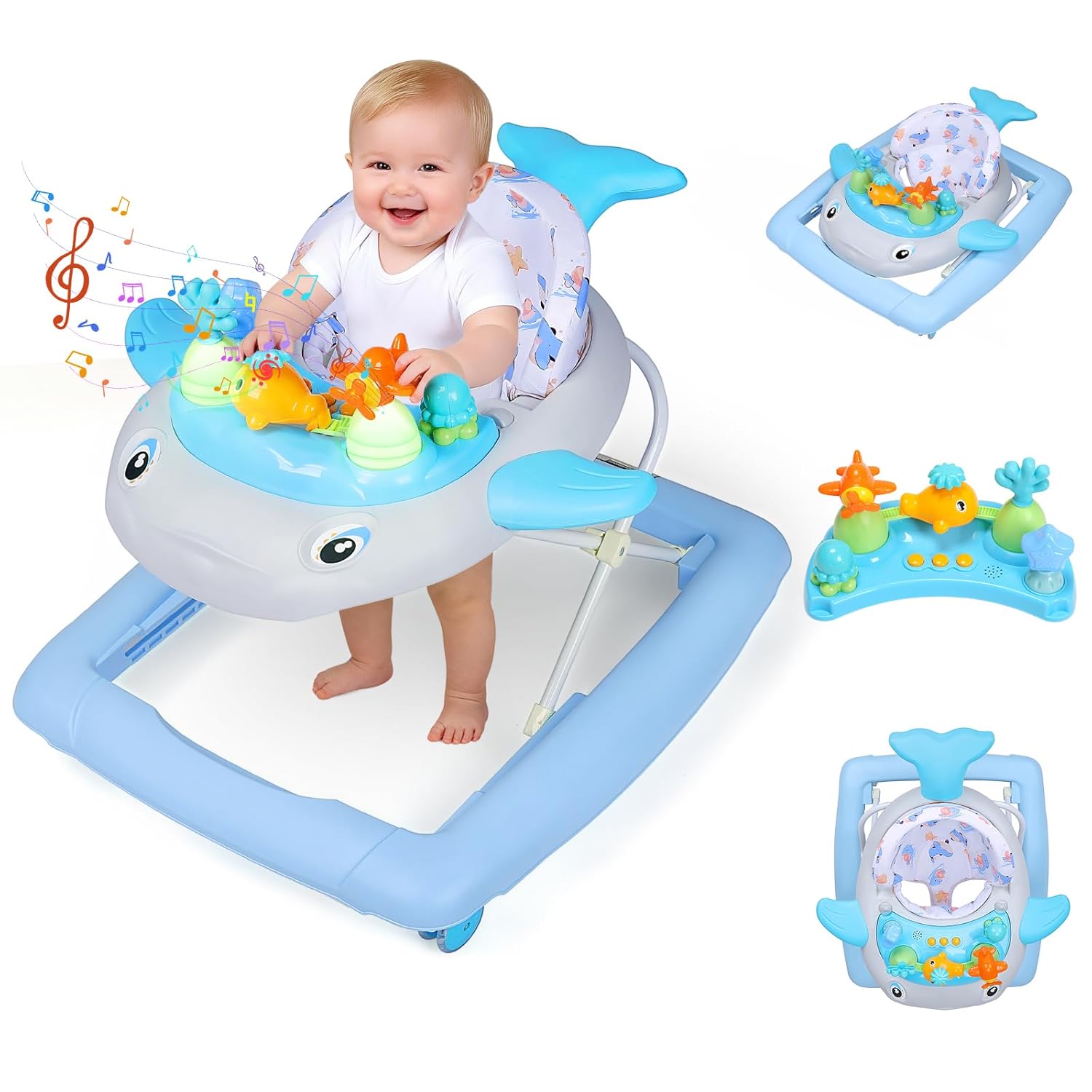 PRVAETU Baby Walker & Activity Center W/ Music & Lights,3 Adjustable Height, Anti-Rollover & Foldable Design for Infant Boy and Girl 6-18 Months