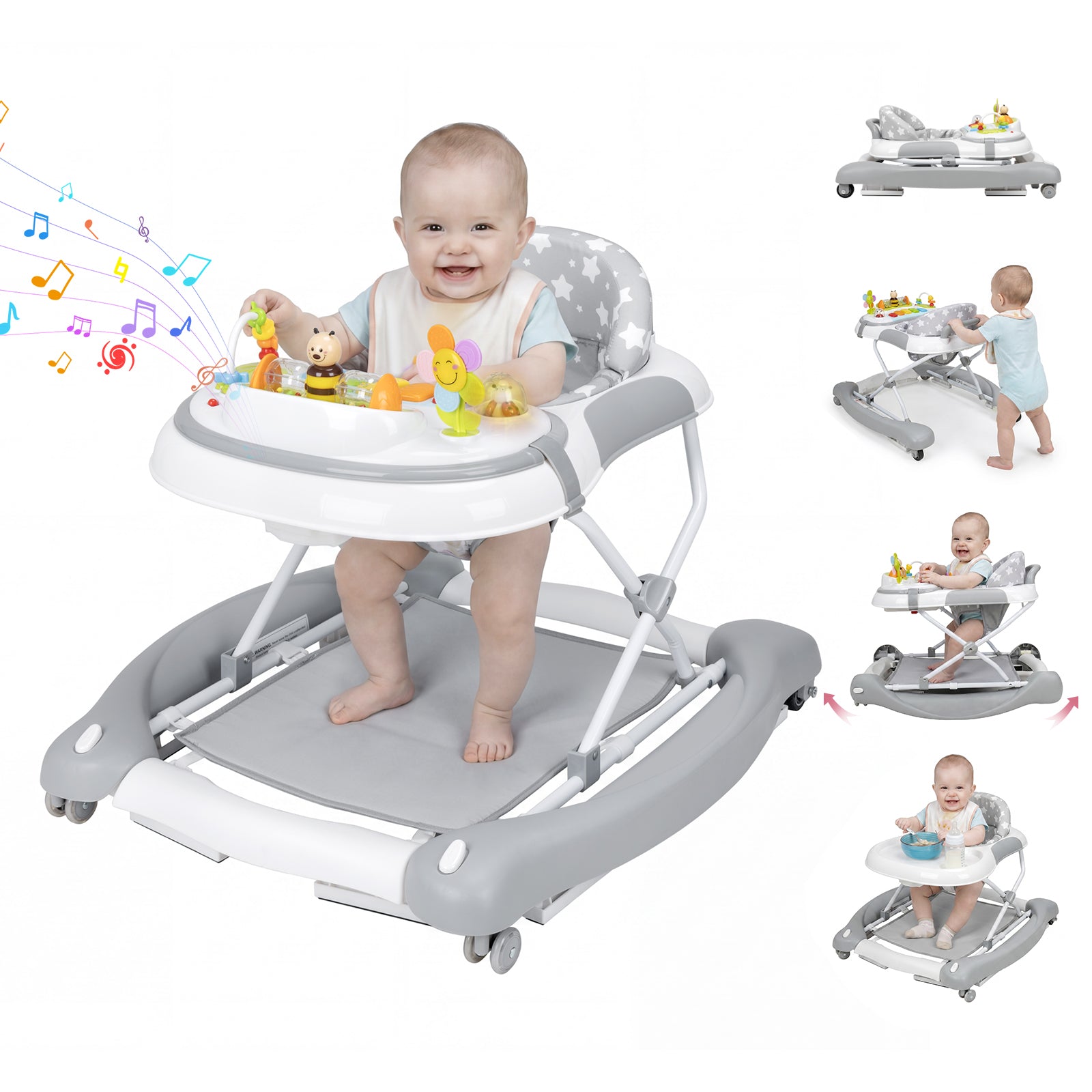 PRVAETU 5 in 1 Baby Walker,Jumper,Rocking,Push,Eating Mode for Boys Girls,Foldable,Music & Light,Height Adjustable,Wheel for Infant