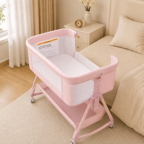 PRVAETU Baby Bassinet, 3-in-1 Baby Bassinet Bedside Sleeper with Wheels, Adjustable Easy Folding Portable Rocking Crib for Infant Newborn (Khaki)