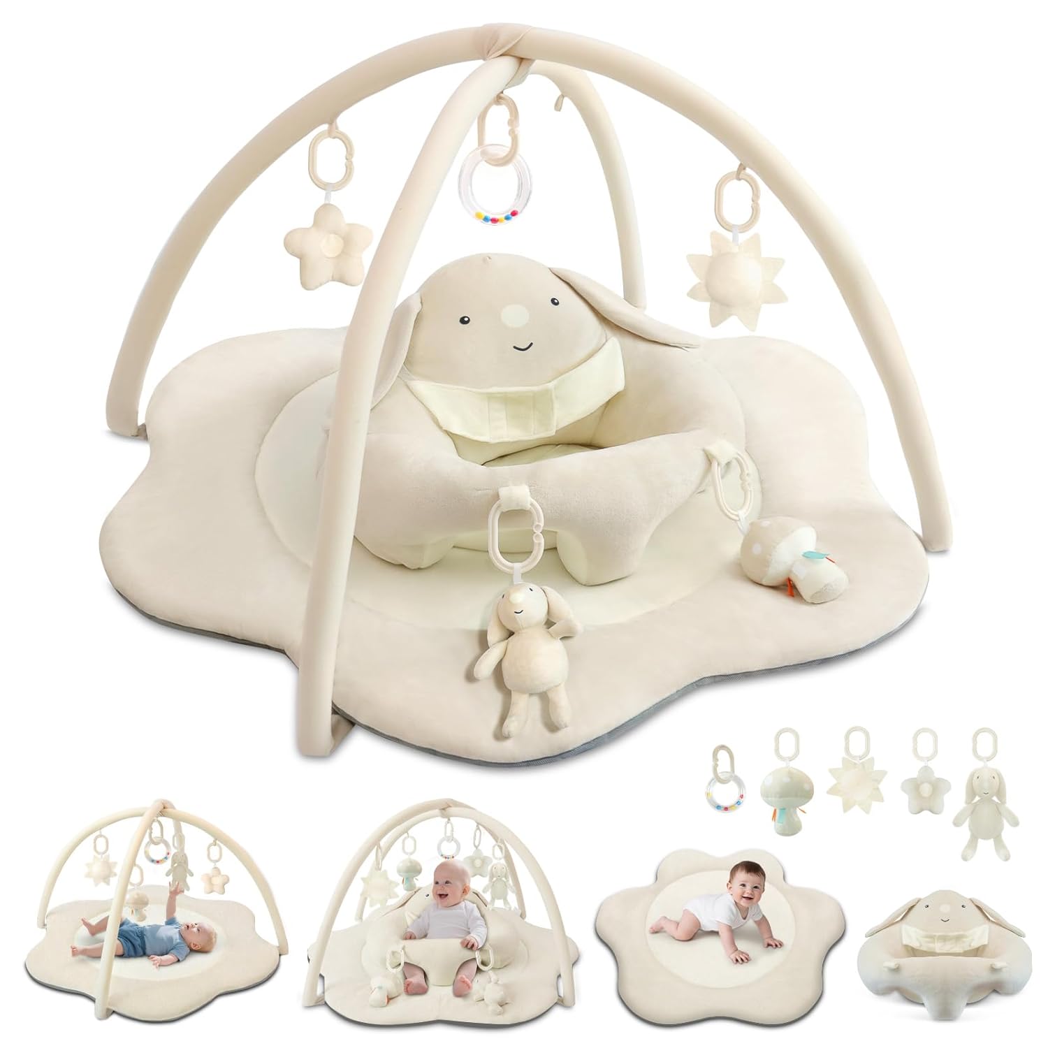 PRVAETU Baby Gym Play Mat, Sitting-up Babies Seats for Infants,with 5 Detachable Toys, Infant Toddler Activity Tummy Time Playmats for Newborn 0-12 Months