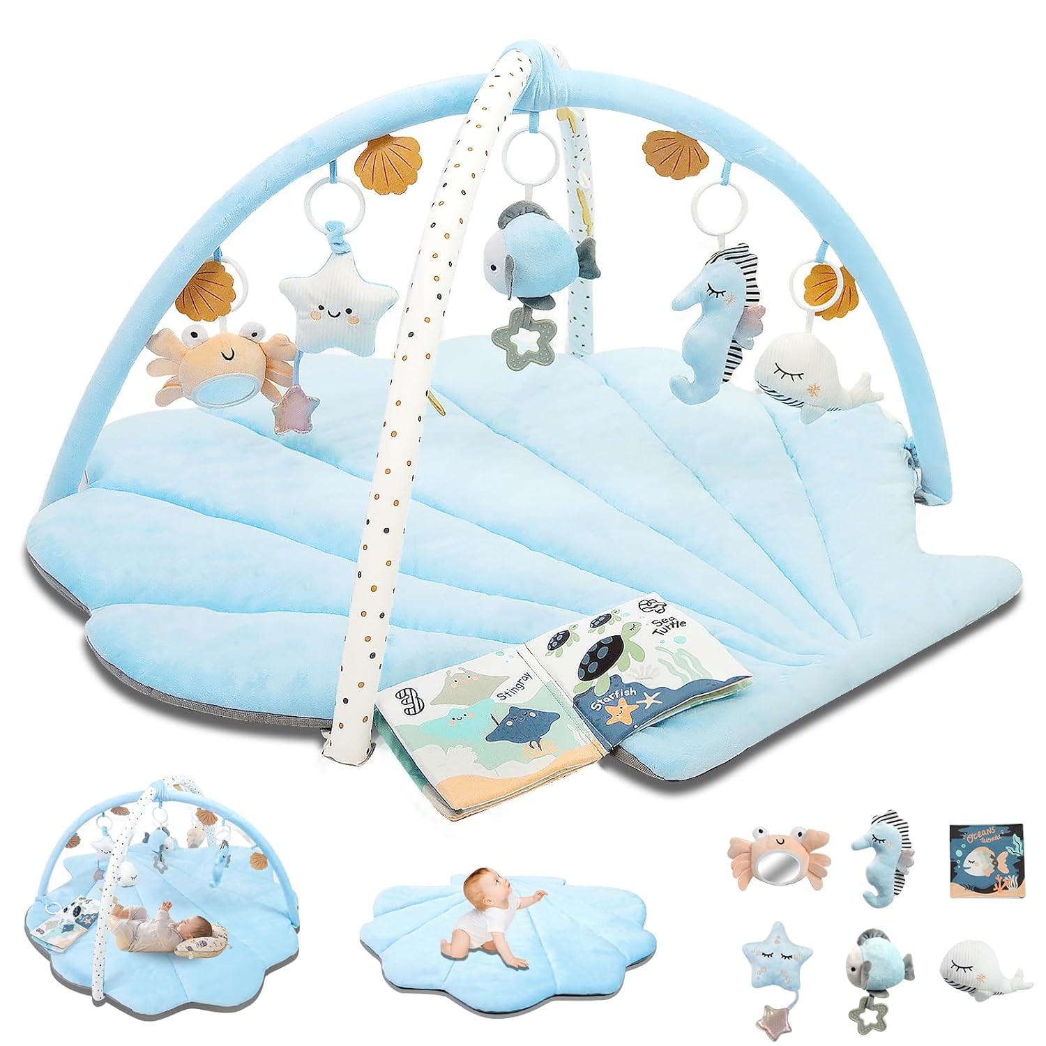 PRVAETU Baby Play Gym Mat, Oversize Tummy Time Activity Mat with 6 Detachable Toys for Infant 0-12 Months Sensory Exploration Skill Development