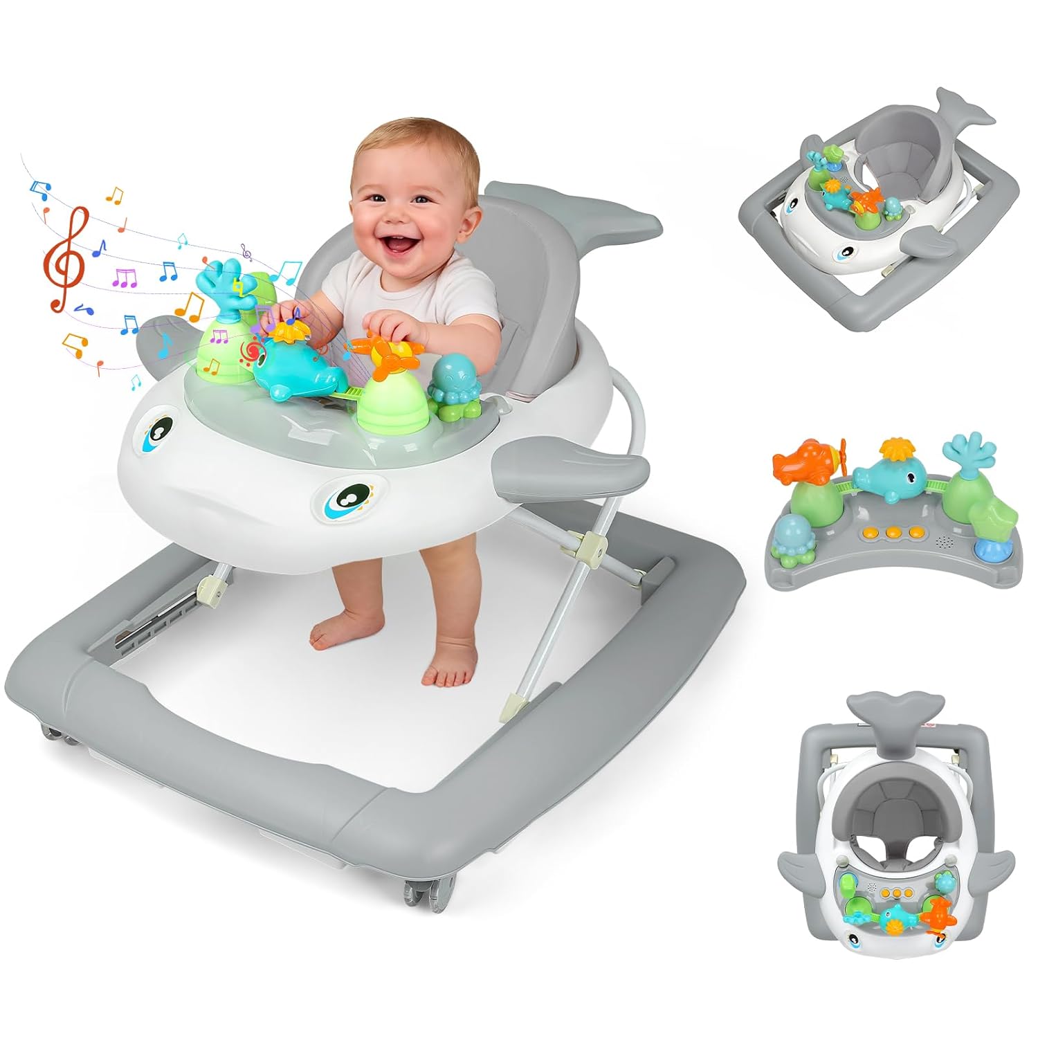 PRVAETU Baby Walker & Activity Center W/ Music & Lights,3 Adjustable Height, Anti-Rollover & Foldable Design for Infant Boy and Girl 6-18 Months