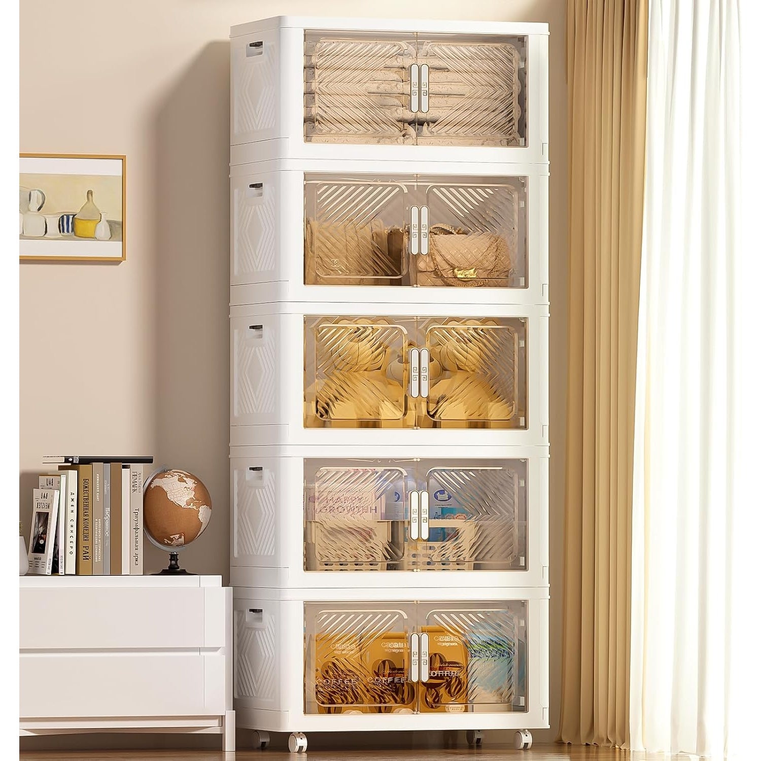 PRVAETU Storage Bins Storage Containers with Wheels and Magnetic Doors, Plastic Clothes Closet Organizers and Storage Box for Home and Office