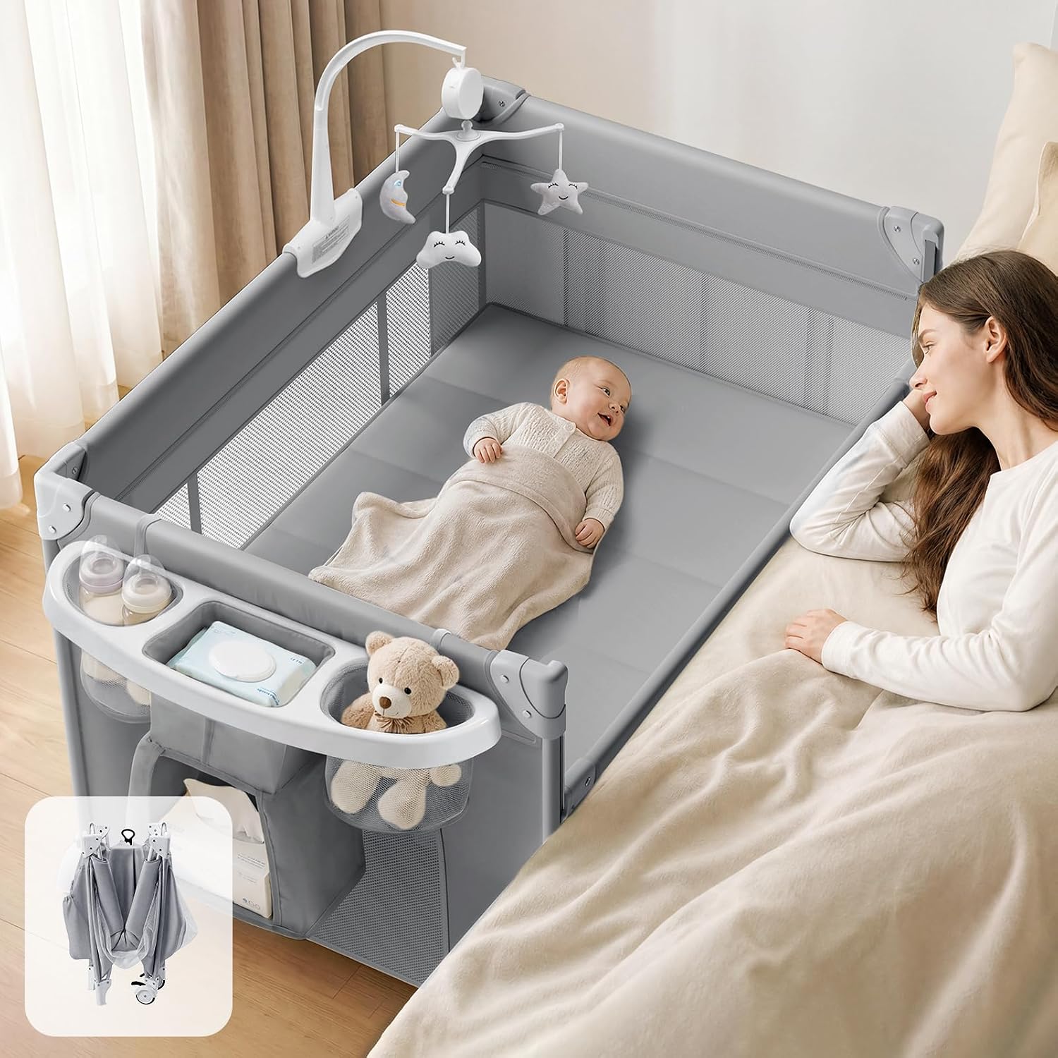 PRVAETU 4 in 1 Baby Bassinet for Baby, Bedside Bassinet & Crib Sleeper with Wheels, Diaper Changer, Mattress, Foldable Design for Newborn to Toddler