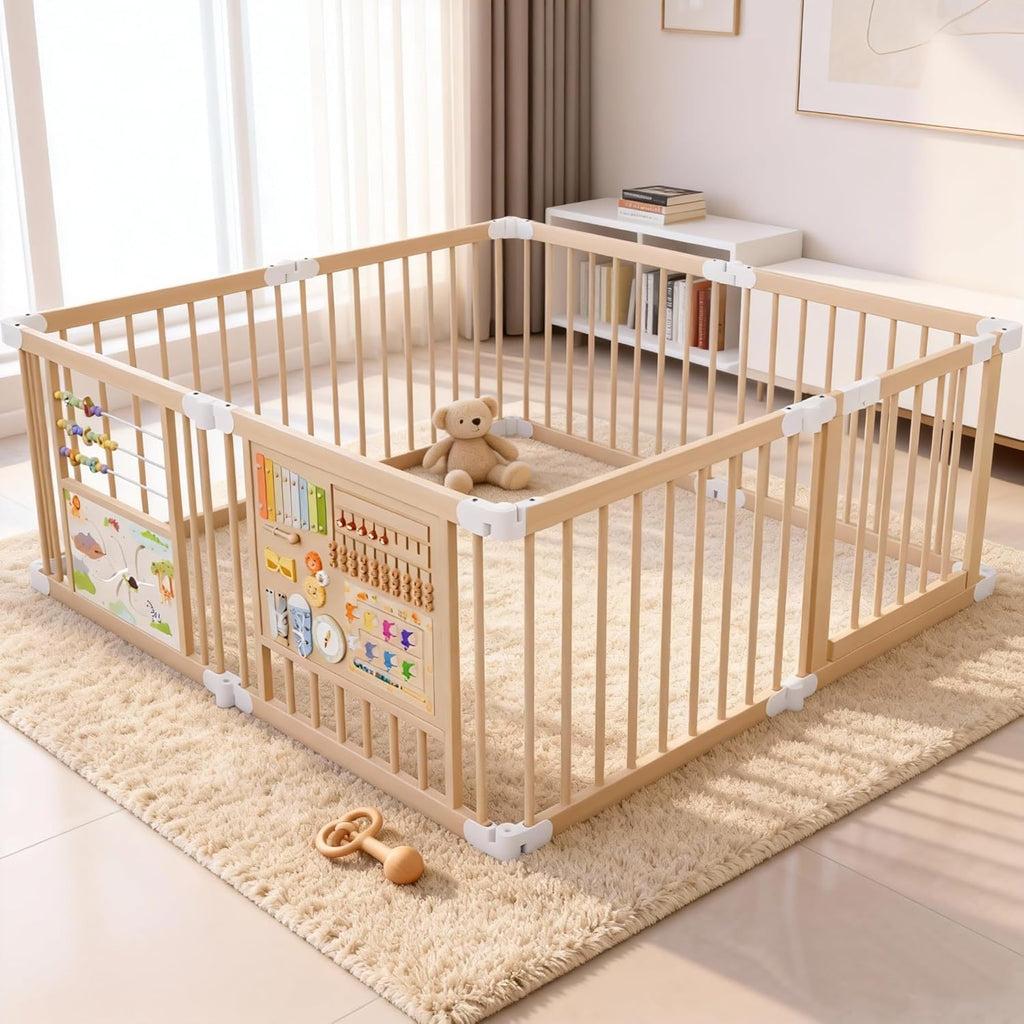 PRVAETU Foldable Wooden Baby Playpen with 2 Game Boards for Infant Girls & Boys, 10+ Toy Set, Large Play Yard Fence W/ Gate for Toddlers