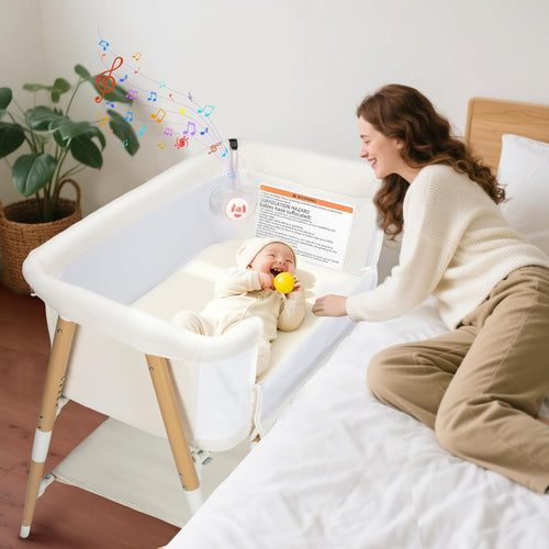 PRVAETU 3 in 1 Bassinet Bedside Sleeper for Baby,Infant Bassinet W/ Music Toy,4 Wheels,Adjustable 5 Height,Mattress,Mosquito Net,Basket,Carry Bag