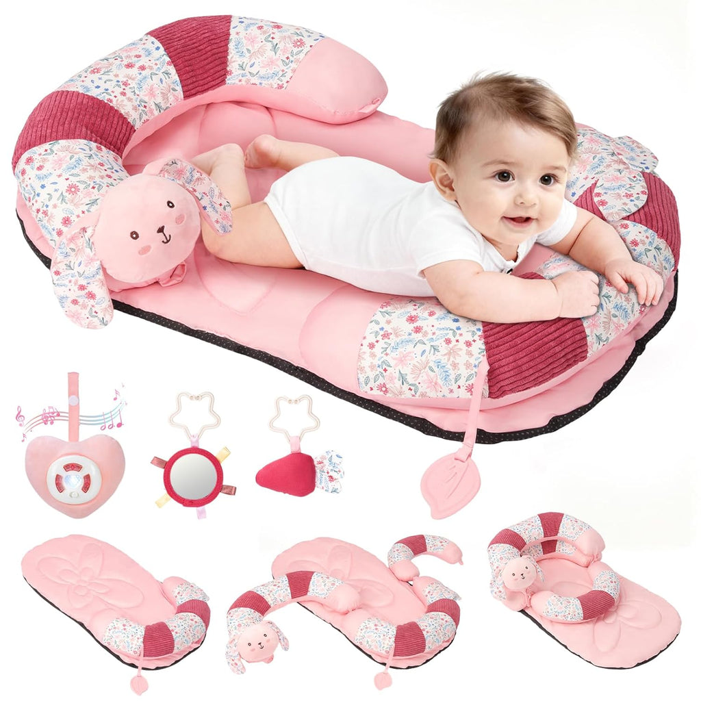 PRVAETU 2in1 Tummy Time & Seat Support Baby Play Mat with 5 Sensory Toys, Baby Floor Seat for Sitting, Soft, Supportive, Essentials Development Gifts for Newborn Infant