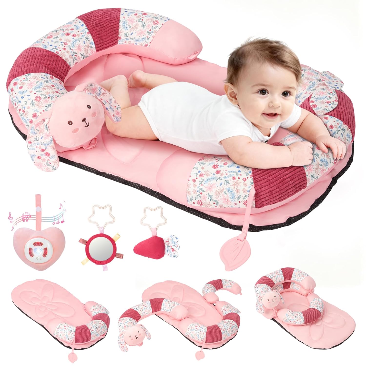 PRVAETU 2in1 Tummy Time & Seat Support Baby Play Mat with 5 Sensory Toys, Baby Floor Seat for Sitting, Soft, Supportive, Essentials Development Gifts for Newborn Infant