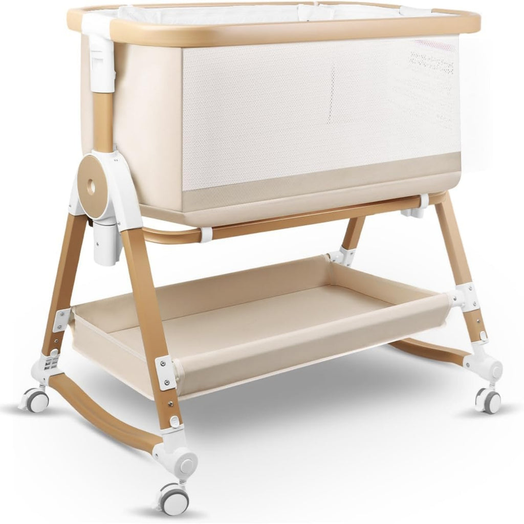 PRVAETU 4 in 1 Baby Bassinet Bedside Sleeper W/ Wheels,Storage Basket,Adjustable 7 Heights,Mosquito Net,Breathable Mesh Cradle for Infants Toddler