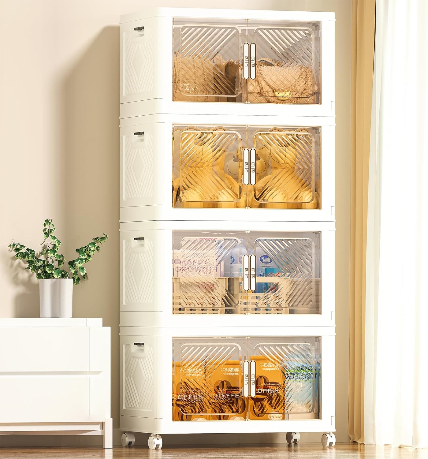 PRVAETU Storage Bins Storage Containers with Wheels and Magnetic Doors, Plastic Clothes Closet Organizers and Storage Box for Home and Office