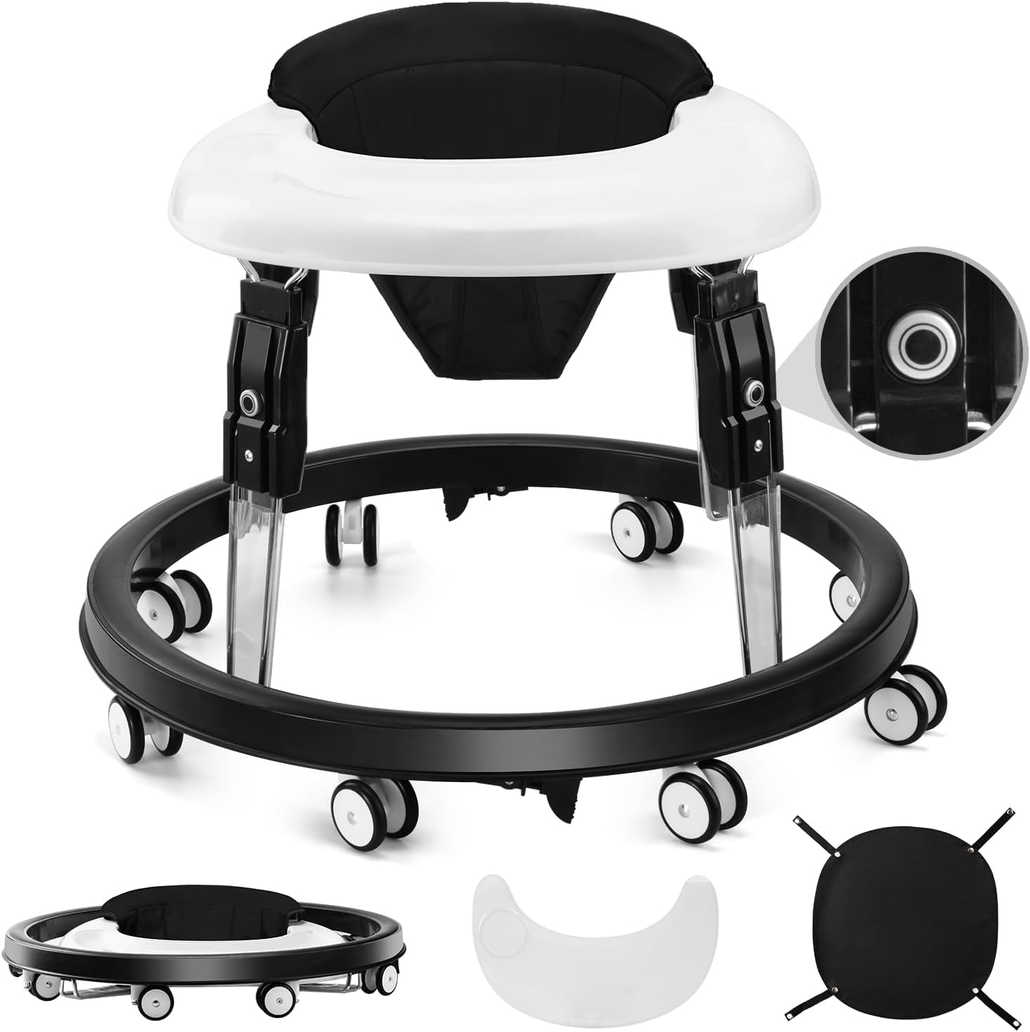 PRVAETU Foldable Baby Walker Activity Center W/ Wheels,Height Adjustable W/ Dinner Plate & Foot Pad for 6-18 Months Babies Infant Boys Girls