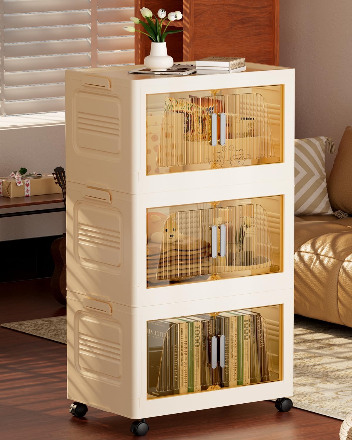 PRVAETU Stackable Storage Bins with Lids, Storage Containers W/ Wheels,Collapsible Plastic Closet Organizers for Home, Office,Dorm