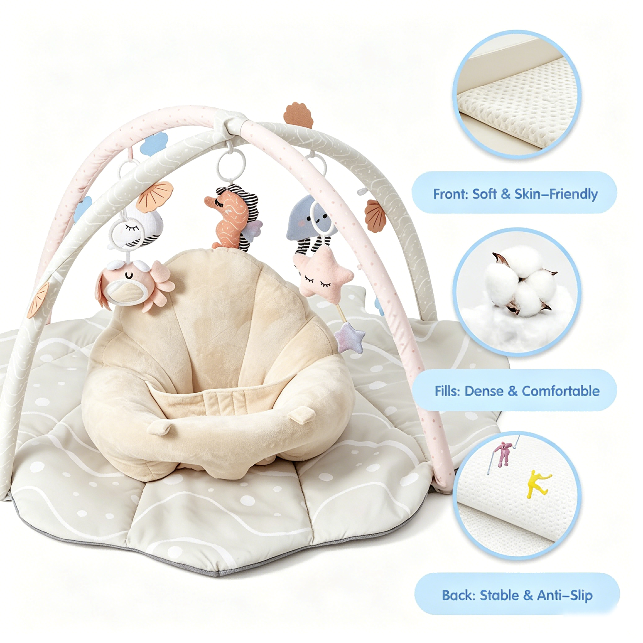 PRVAETU Baby Gym Playmat,Tummy Time Mat,Sit &amp;Play Activity Mat with 6 Detachable Toys,Washable Baby Mat &amp; Toys,Baby Gift for 0-18 Months