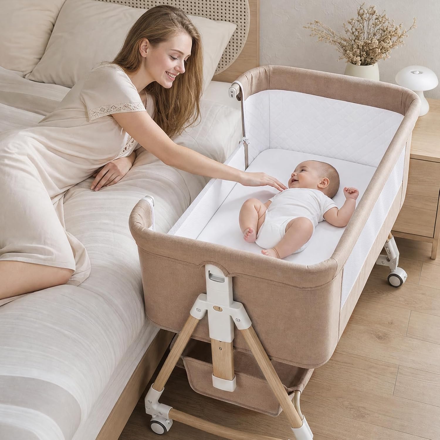 PRVAETU Baby Bassinet, 3-in-1 Baby Bassinet Bedside Sleeper with Wheels, Adjustable Easy Folding Portable Rocking Crib for Infant Newborn (Khaki)
