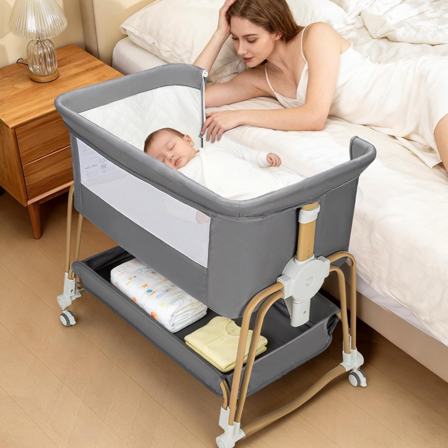 PRVAETU 4-in-1 Baby Bassinet & Bedside Sleeper for Babies, 7-Level Height Adjustable, Wheels with Storage Basket, Breathable Mesh,White