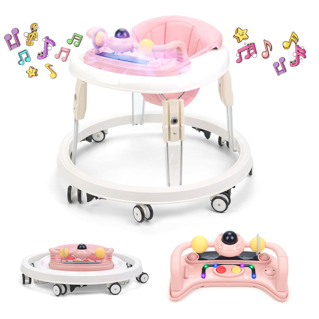 PRVAETU Foldable Baby Walker Activity Center W/ Wheels,Height Adjustable,Music Toy & Foot Pad for 6-18 Months Babies Infant Boys Girls