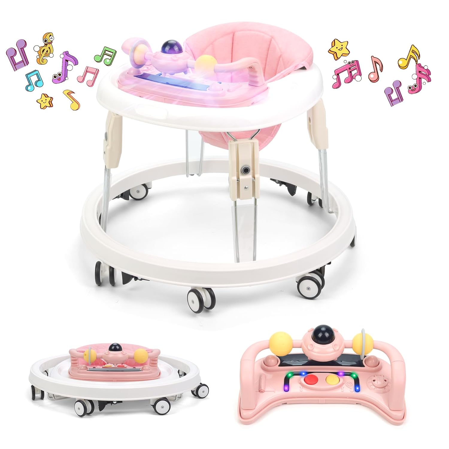 PRVAETU Foldable Baby Walker Activity Center W/ Wheels,Height Adjustable,Music Toy & Foot Pad for 6-18 Months Babies Infant Boys Girls