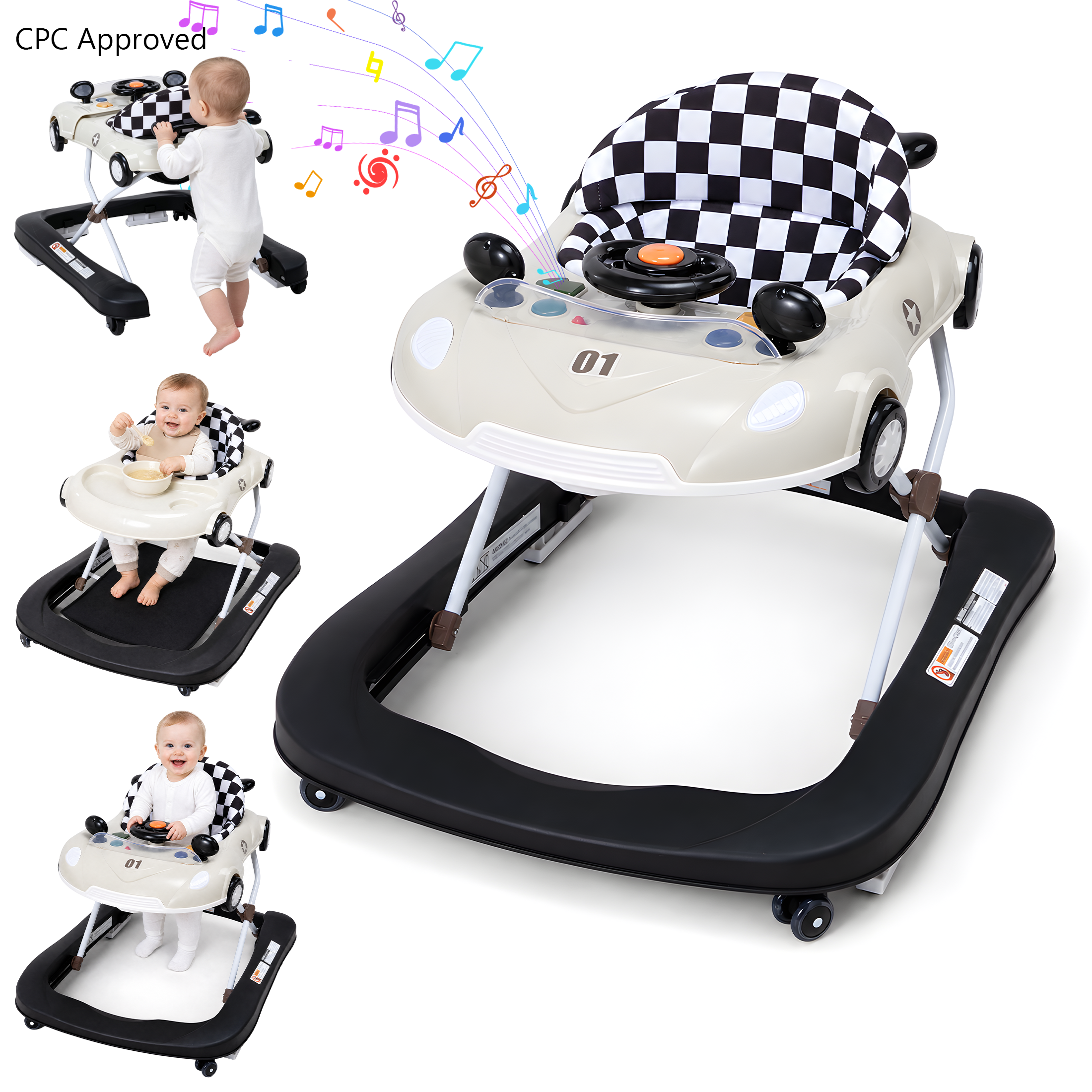 PRVAETU 5 in 1 Baby Walker Car-Shaped with Music,Lights,Foldable,Jumper,Rocking,Removable Plate for Infant Boys 6-18 Months