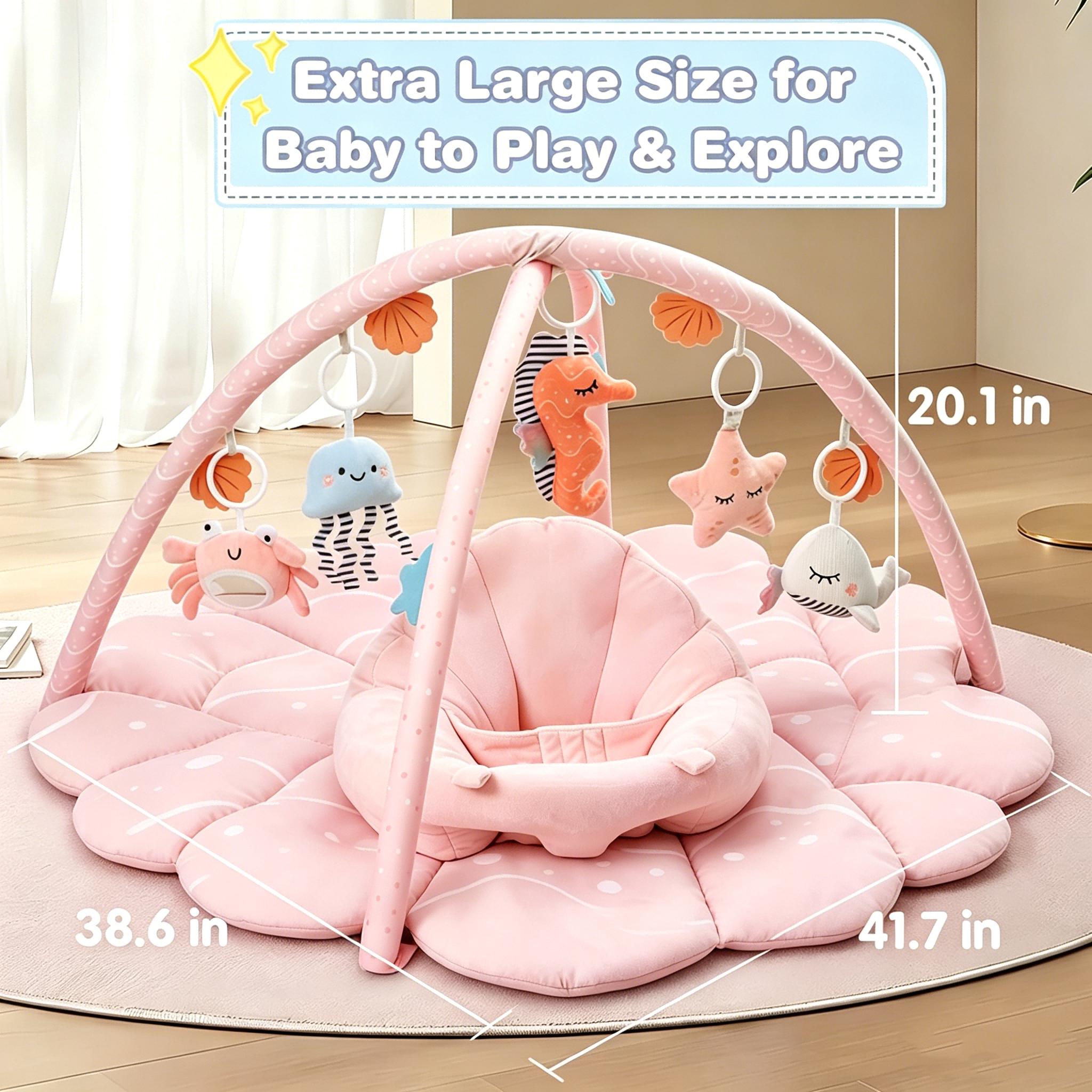 PRVAETU Baby Gym Playmat,Tummy Time Mat,Sit &amp;Play Activity Mat with 6 Detachable Toys,Washable Baby Mat &amp; Toys,Baby Gift for 0-18 Months