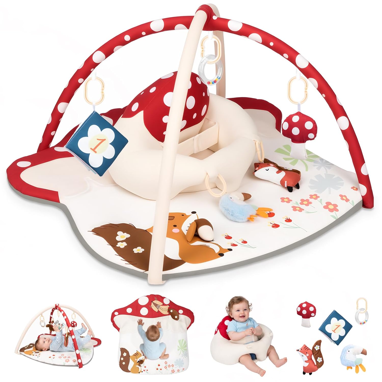 PRVAETU Baby Play Mats Tummy Time Mat for Infant Washable Padded Baby Activity Center with Detachable Toys Non-Slip Baby Gym Playmat