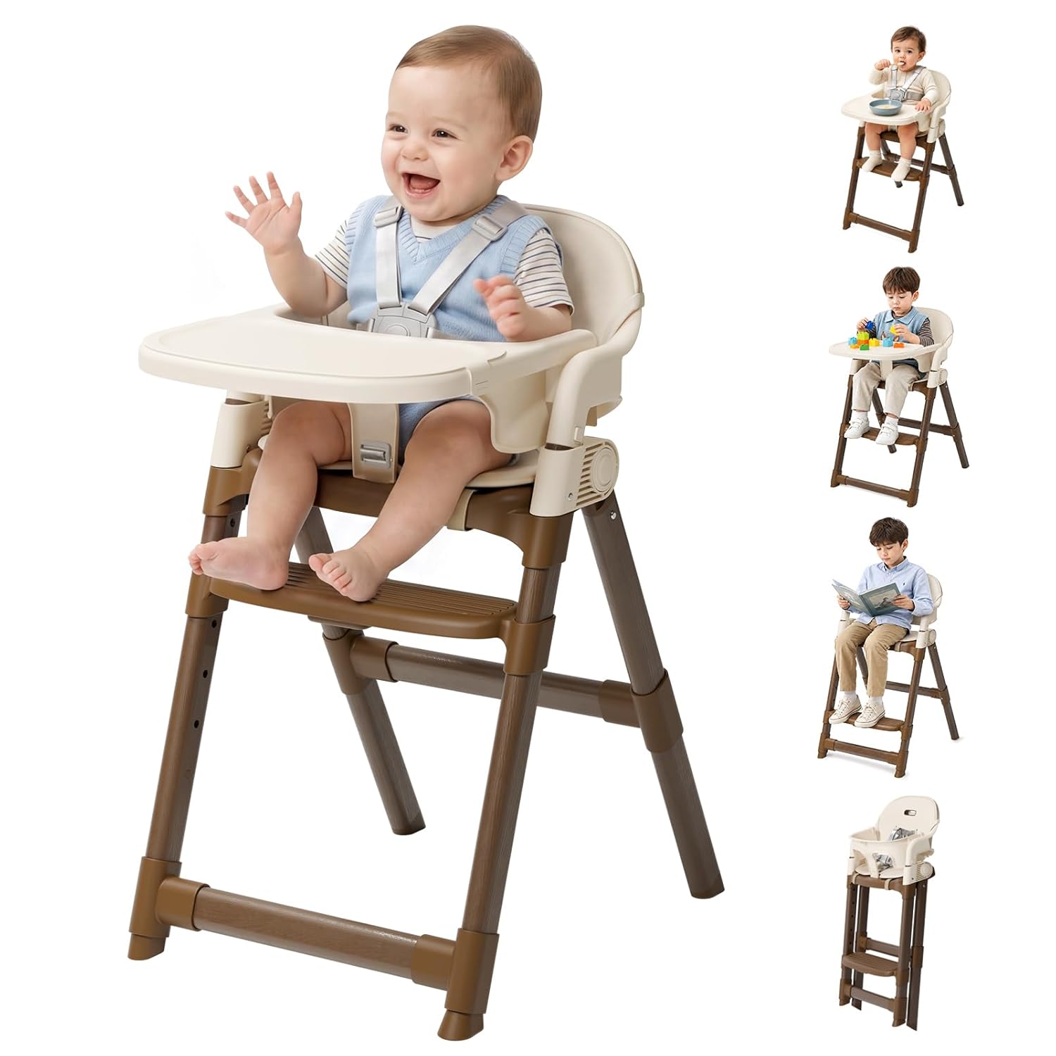 PRVAETU Convertible High Chair for Babies and Toddlers with Removable Easy-Clean Tray, Adjustable Legs, Foldable Feeding Chair