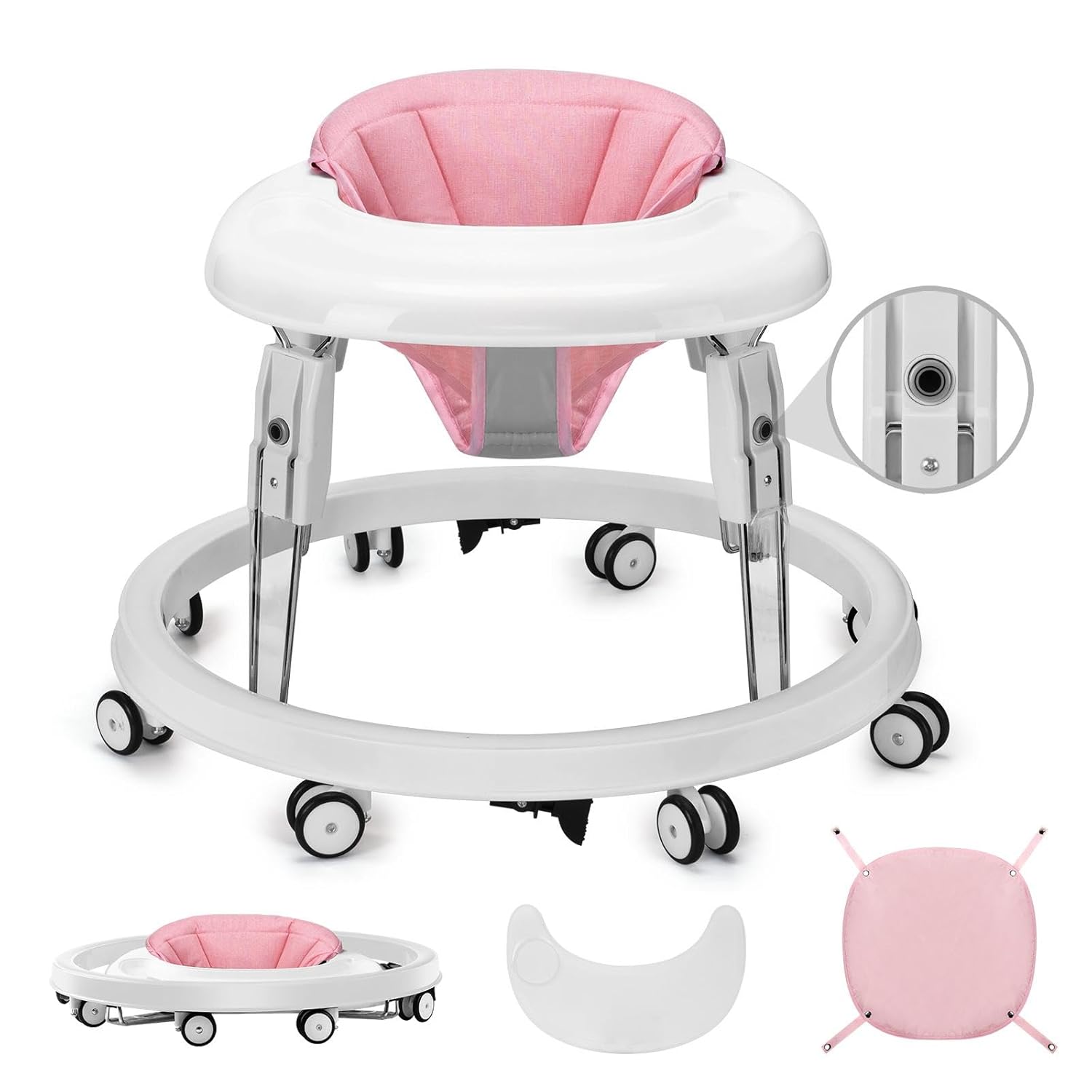 PRVAETU Foldable Baby Walker Activity Center W/ Wheels,Height Adjustable W/ Dinner Plate & Foot Pad for 6-18 Months Babies Infant Boys Girls