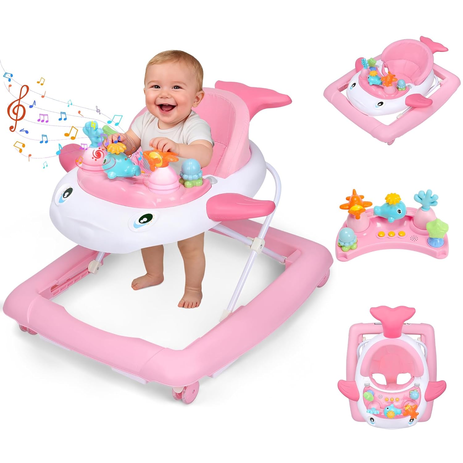 PRVAETU Baby Walker & Activity Center W/ Music & Lights,3 Adjustable Height, Anti-Rollover & Foldable Design for Infant Boy and Girl 6-18 Months